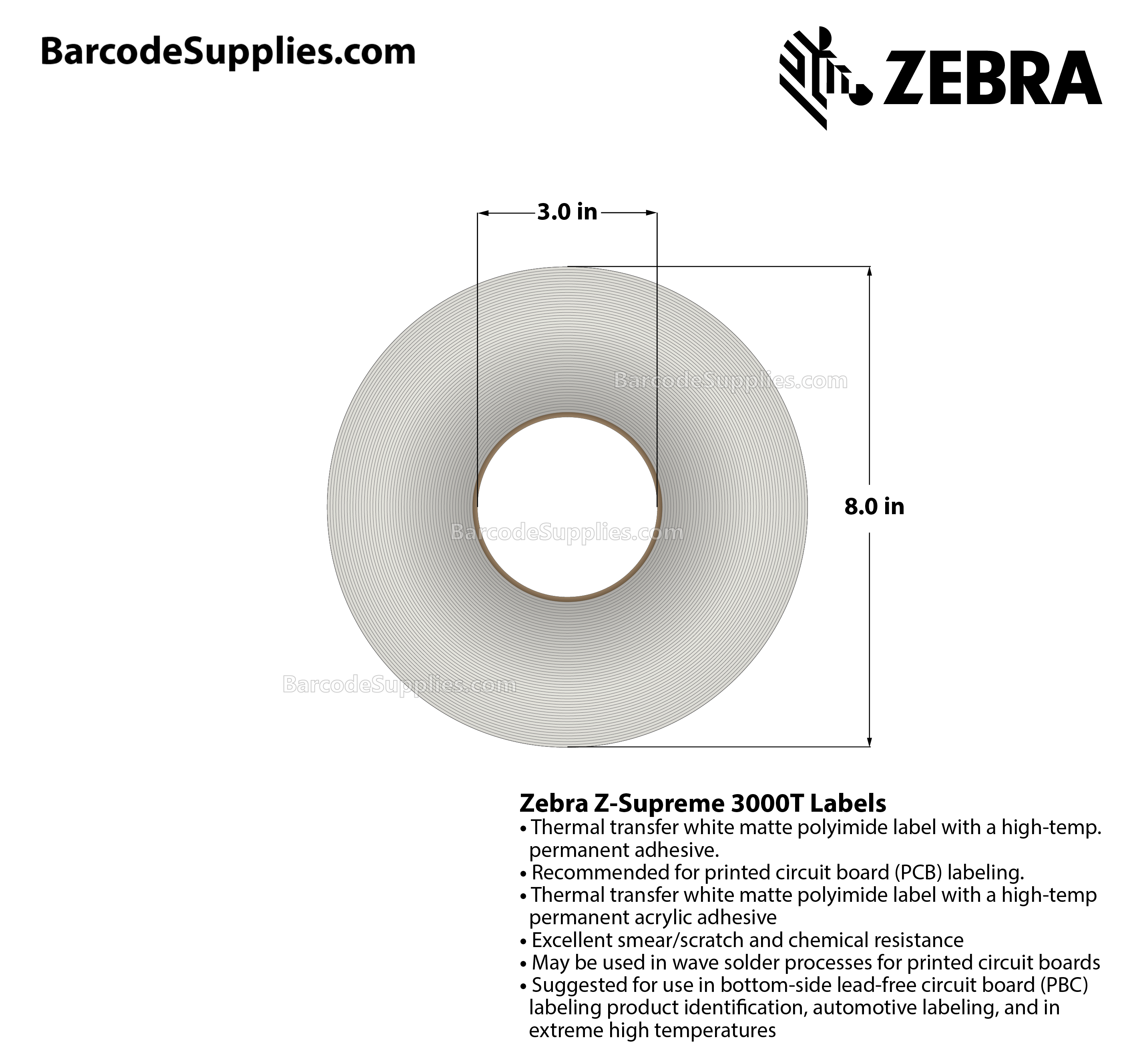 1.5 x 0.25 Thermal Transfer White Z-Supreme 3000T Labels With High-temp Adhesive - Perforated - 10000 Labels Per Roll - Carton Of 1 Rolls - 10000 Labels Total - MPN: 10023307