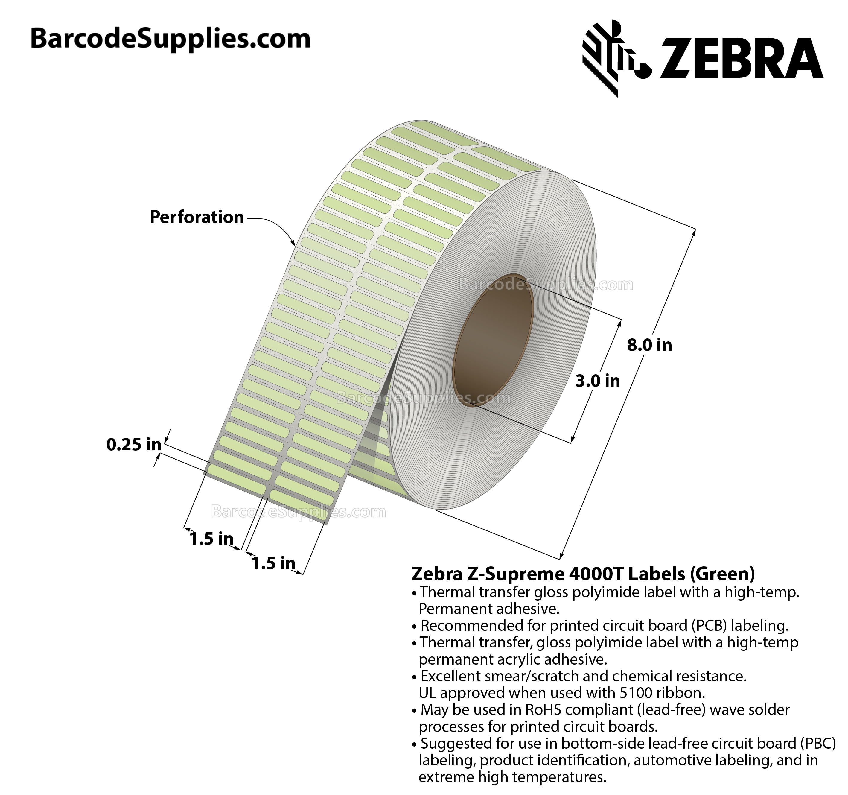 1.5 x 0.25 Thermal Transfer Green Z-Supreme 4000T Green (2-Across) Labels With High-temp Adhesive - Perforated - 10000 Labels Per Roll - Carton Of 1 Rolls - 10000 Labels Total - MPN: 10023321