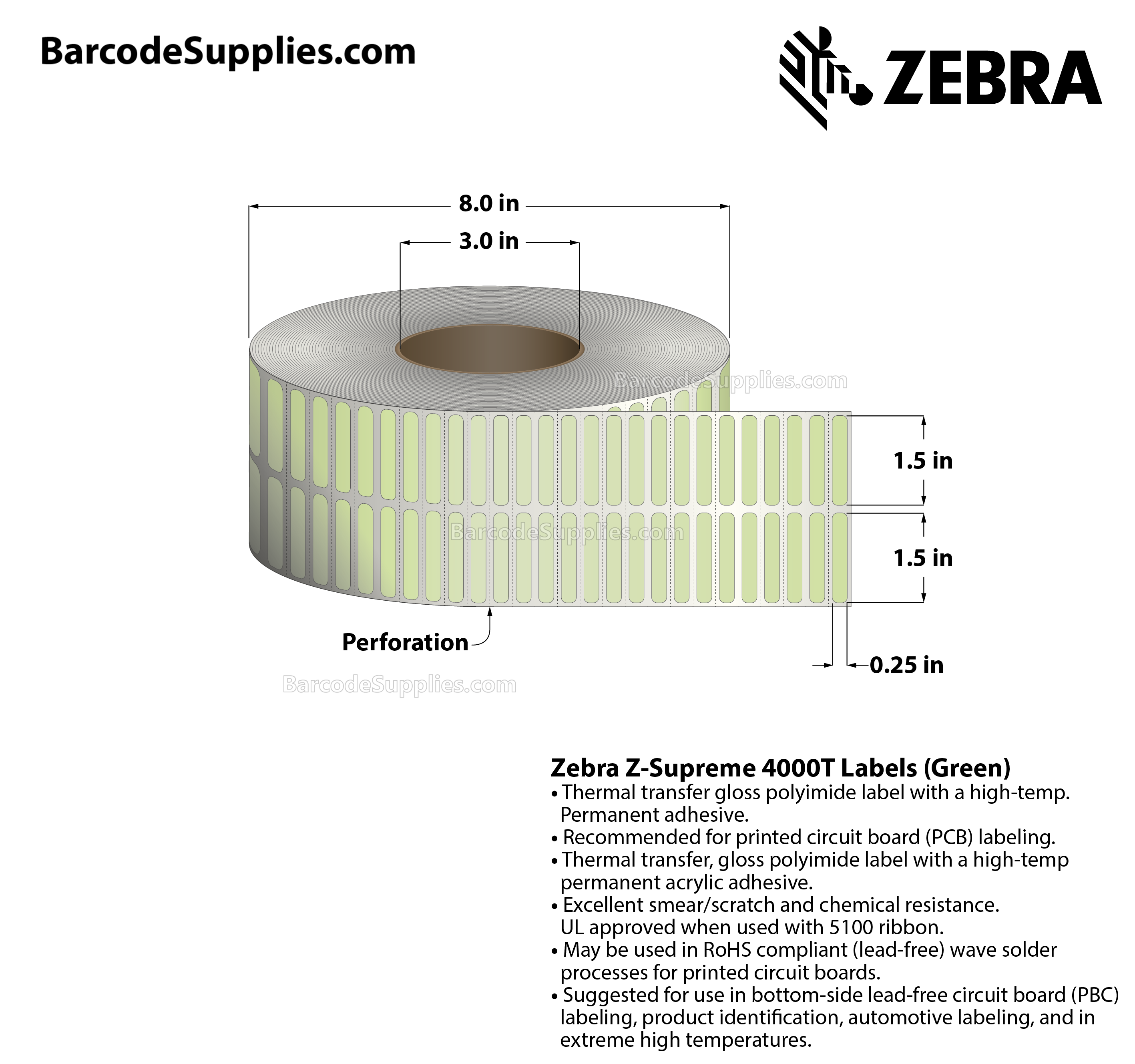 1.5 x 0.25 Thermal Transfer Green Z-Supreme 4000T Green (2-Across) Labels With High-temp Adhesive - Perforated - 10000 Labels Per Roll - Carton Of 1 Rolls - 10000 Labels Total - MPN: 10023321