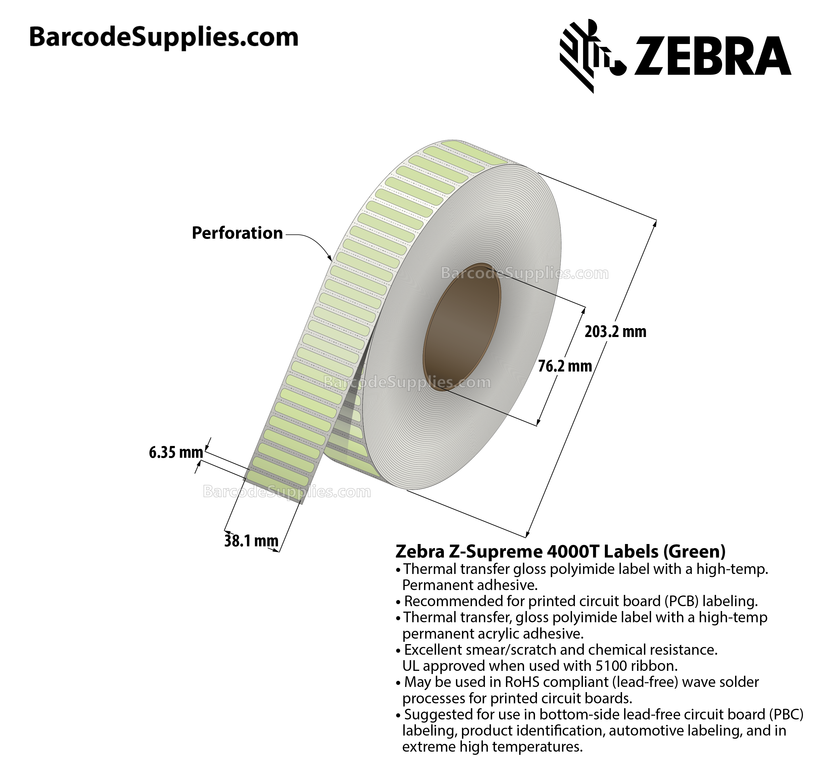 1.5 x 0.25 Thermal Transfer Green Z-Supreme 4000T Green Labels With High-temp Adhesive - Perforated - 10000 Labels Per Roll - Carton Of 1 Rolls - 10000 Labels Total - MPN: 10023320