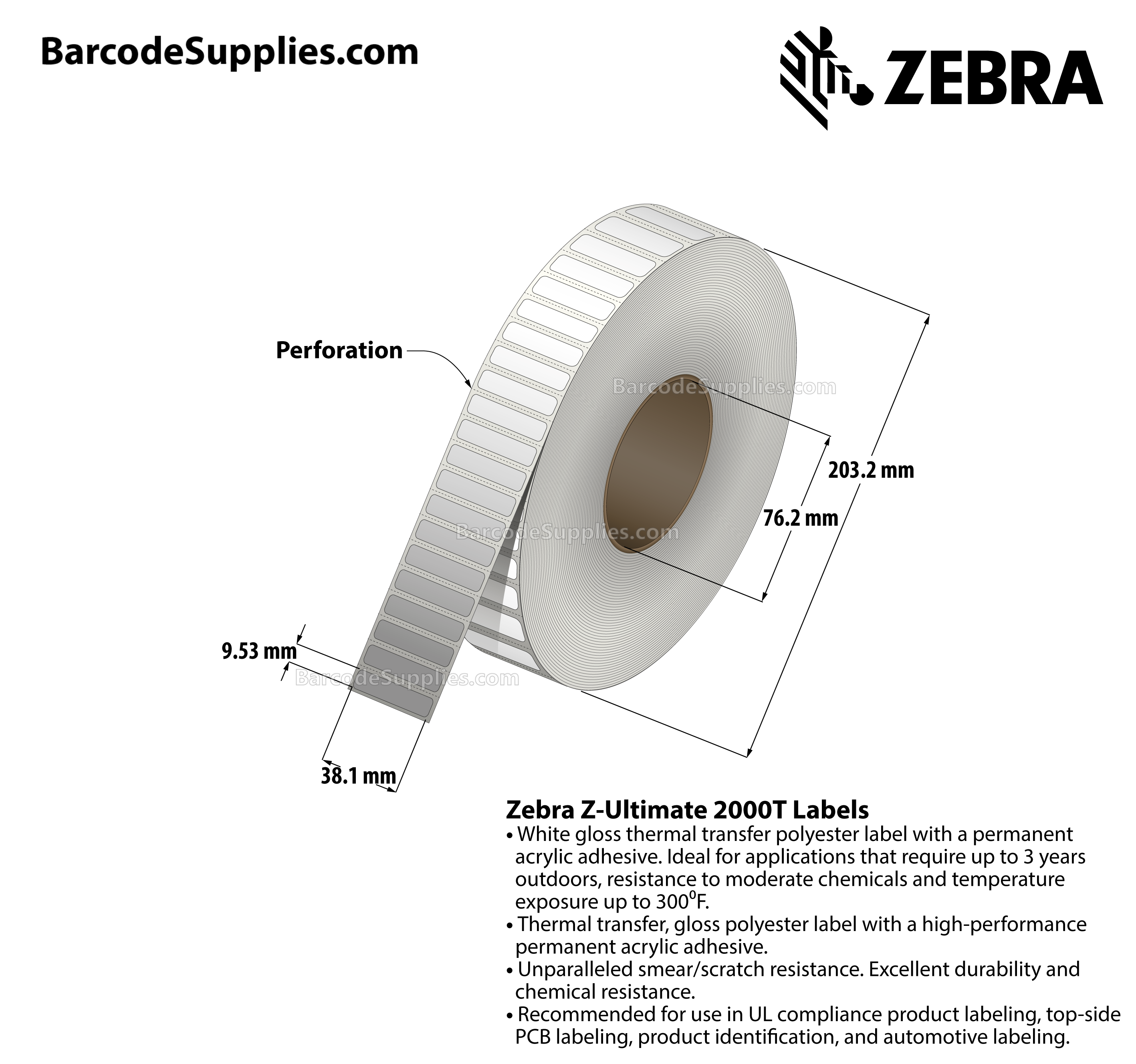 Products 1.5 x 0.375 Thermal Transfer White Z-Ultimate 2000T Labels With Permanent Adhesive - Perforated - 10000 Labels Per Roll - Carton Of 1 Rolls - 10000 Labels Total - MPN: 10022955