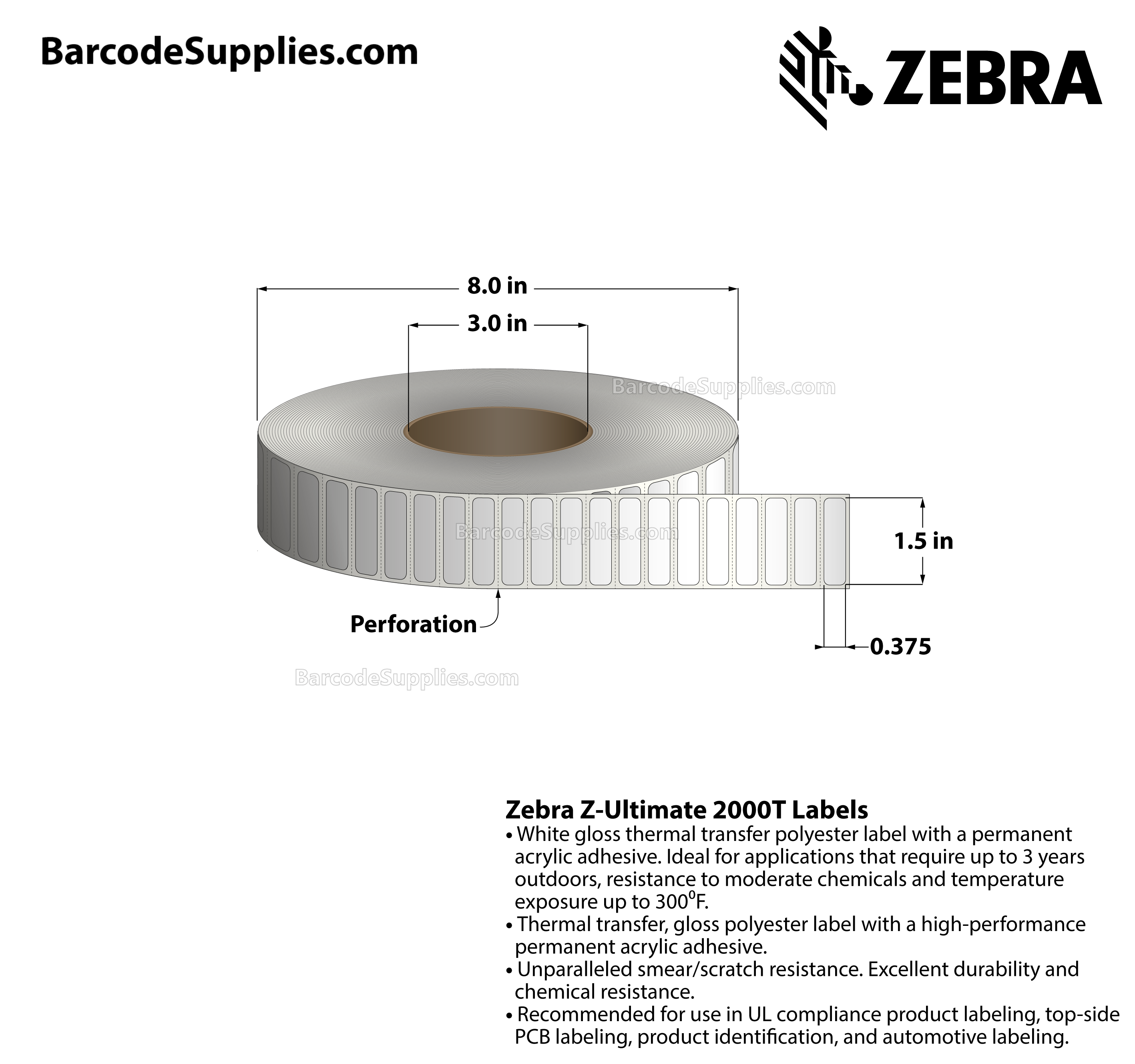 Products 1.5 x 0.375 Thermal Transfer White Z-Ultimate 2000T Labels With Permanent Adhesive - Perforated - 10000 Labels Per Roll - Carton Of 1 Rolls - 10000 Labels Total - MPN: 10022955