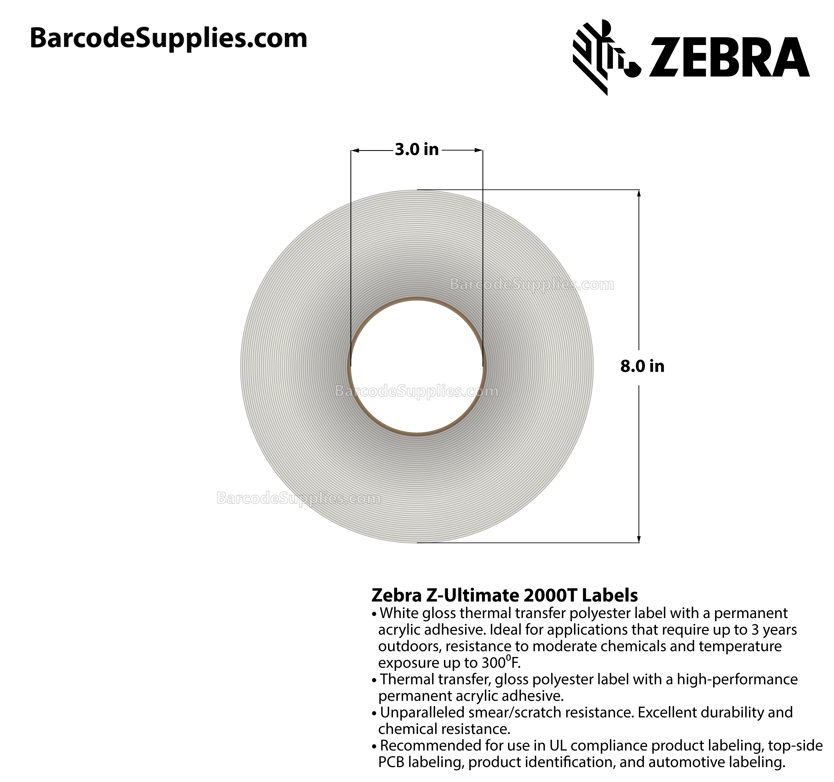 Products 1.5 x 0.375 Thermal Transfer White Z-Ultimate 2000T Labels With Permanent Adhesive - Perforated - 10000 Labels Per Roll - Carton Of 1 Rolls - 10000 Labels Total - MPN: 10022955