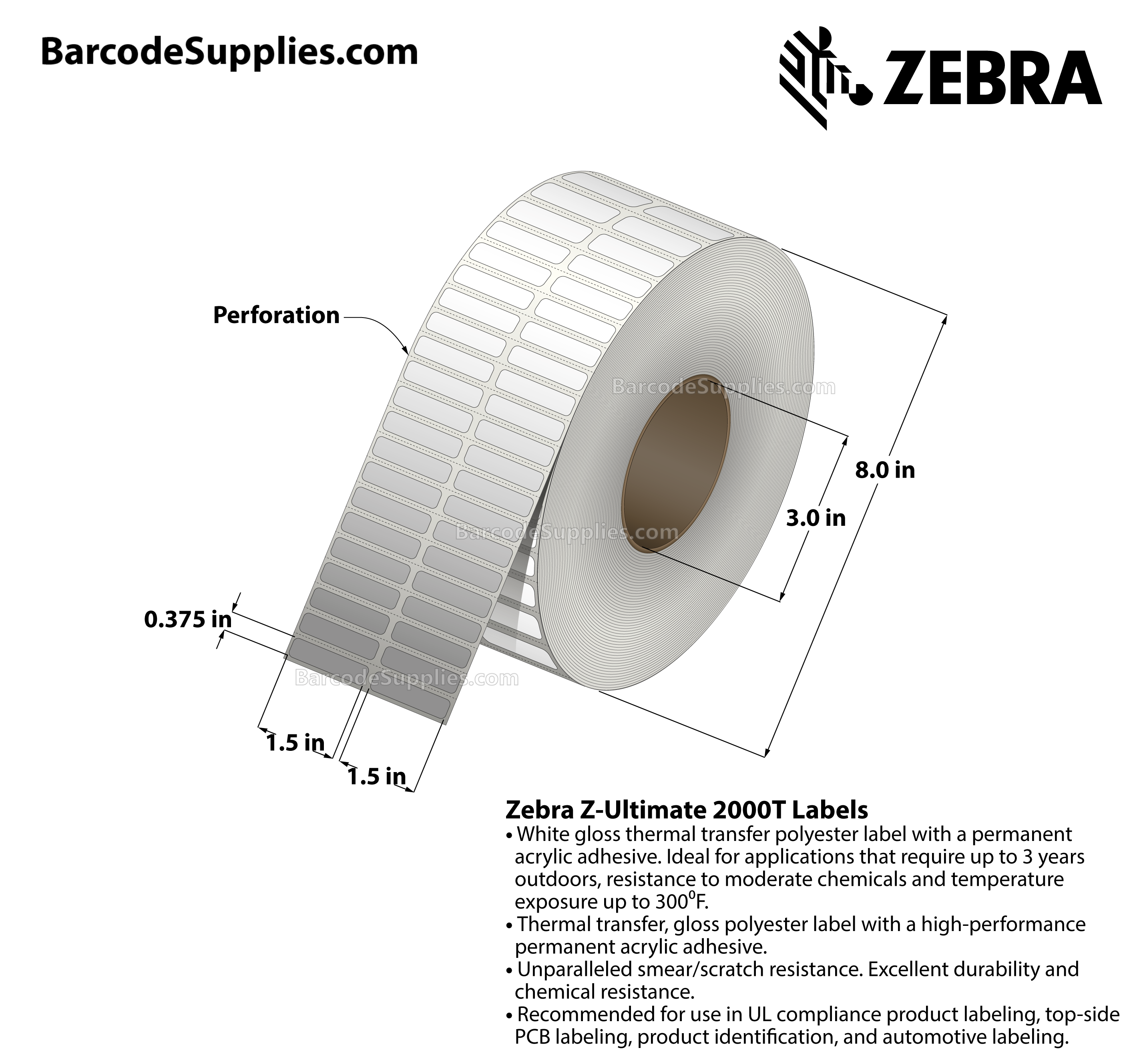 1.5 x 0.375 Thermal Transfer White Z-Ultimate 2000T (2-Across) Labels With Permanent Adhesive - Perforated - 10000 Labels Per Roll - Carton Of 1 Rolls - 10000 Labels Total - MPN: 10022956