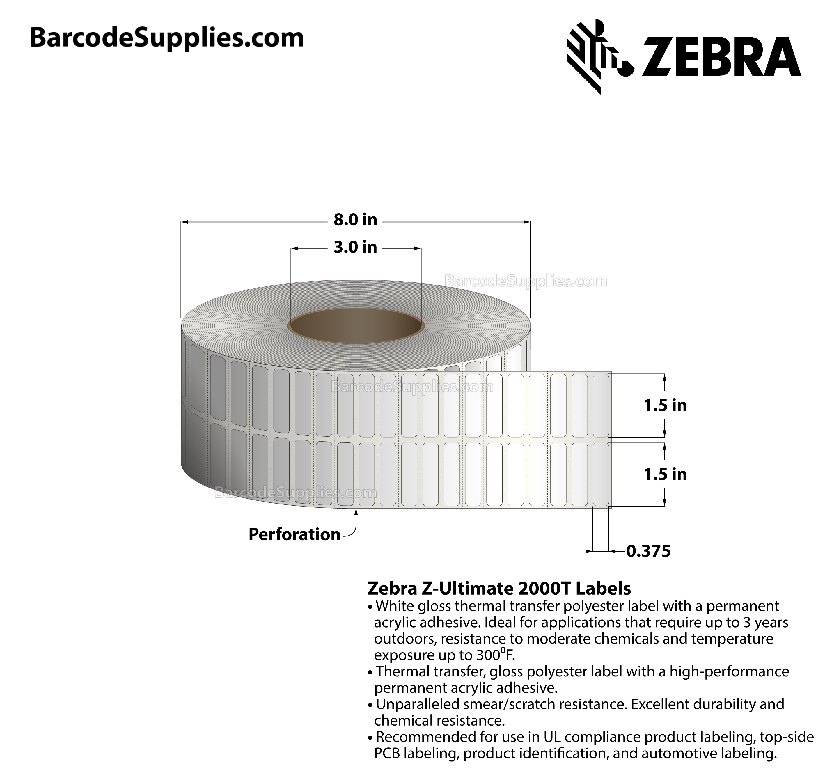 1.5 x 0.375 Thermal Transfer White Z-Ultimate 2000T (2-Across) Labels With Permanent Adhesive - Perforated - 10000 Labels Per Roll - Carton Of 1 Rolls - 10000 Labels Total - MPN: 10022956