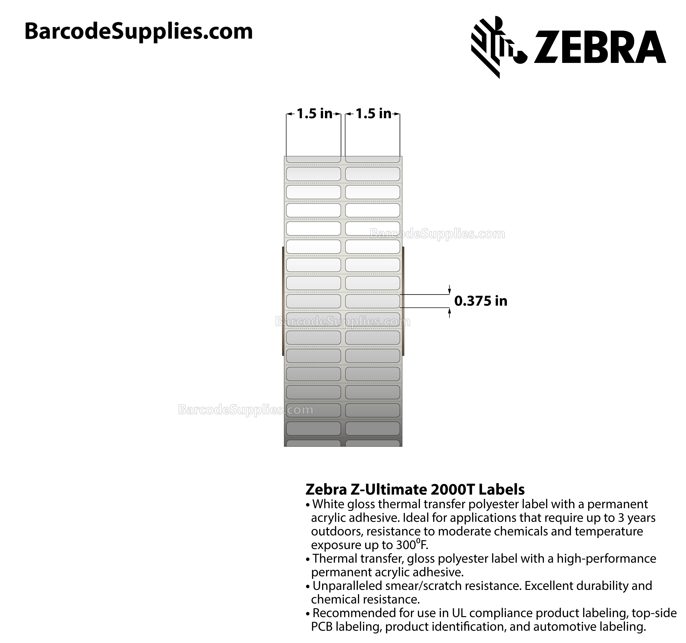 1.5 x 0.375 Thermal Transfer White Z-Ultimate 2000T (2-Across) Labels With Permanent Adhesive - Perforated - 10000 Labels Per Roll - Carton Of 1 Rolls - 10000 Labels Total - MPN: 10022956