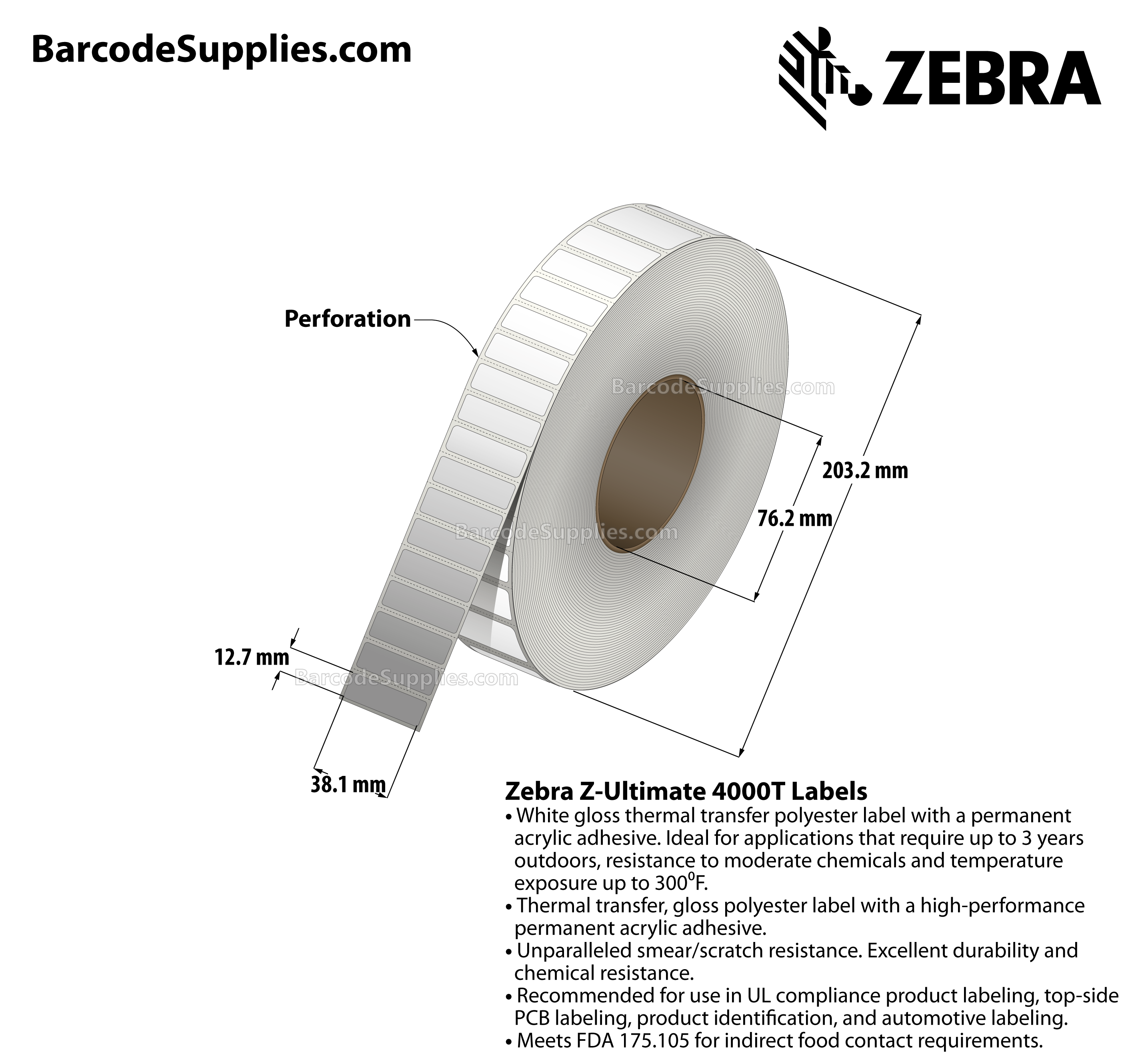 1.5 x 0.5 Thermal Transfer White Z-Ultimate 4000T Labels With Permanent Adhesive - Perforated - 9420 Labels Per Roll - Carton Of 4 Rolls - 37680 Labels Total - MPN: 10011706