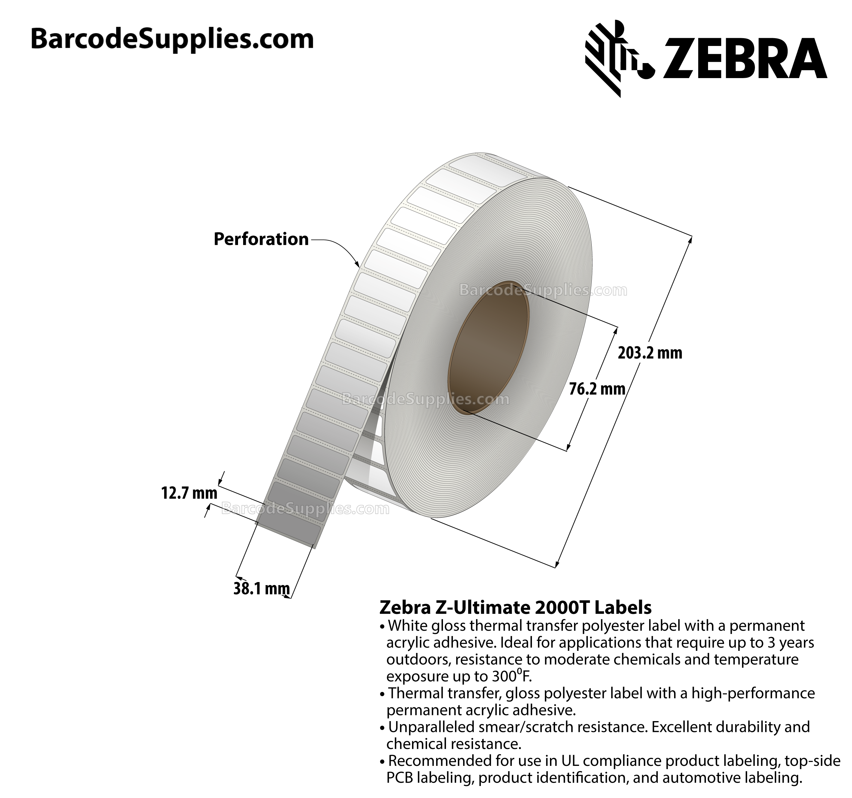 1.5 x 0.5 Thermal Transfer White Z-Ultimate 2000T Labels With Permanent Adhesive - Perforated - 9420 Labels Per Roll - Carton Of 4 Rolls - 37680 Labels Total - MPN: 10008511