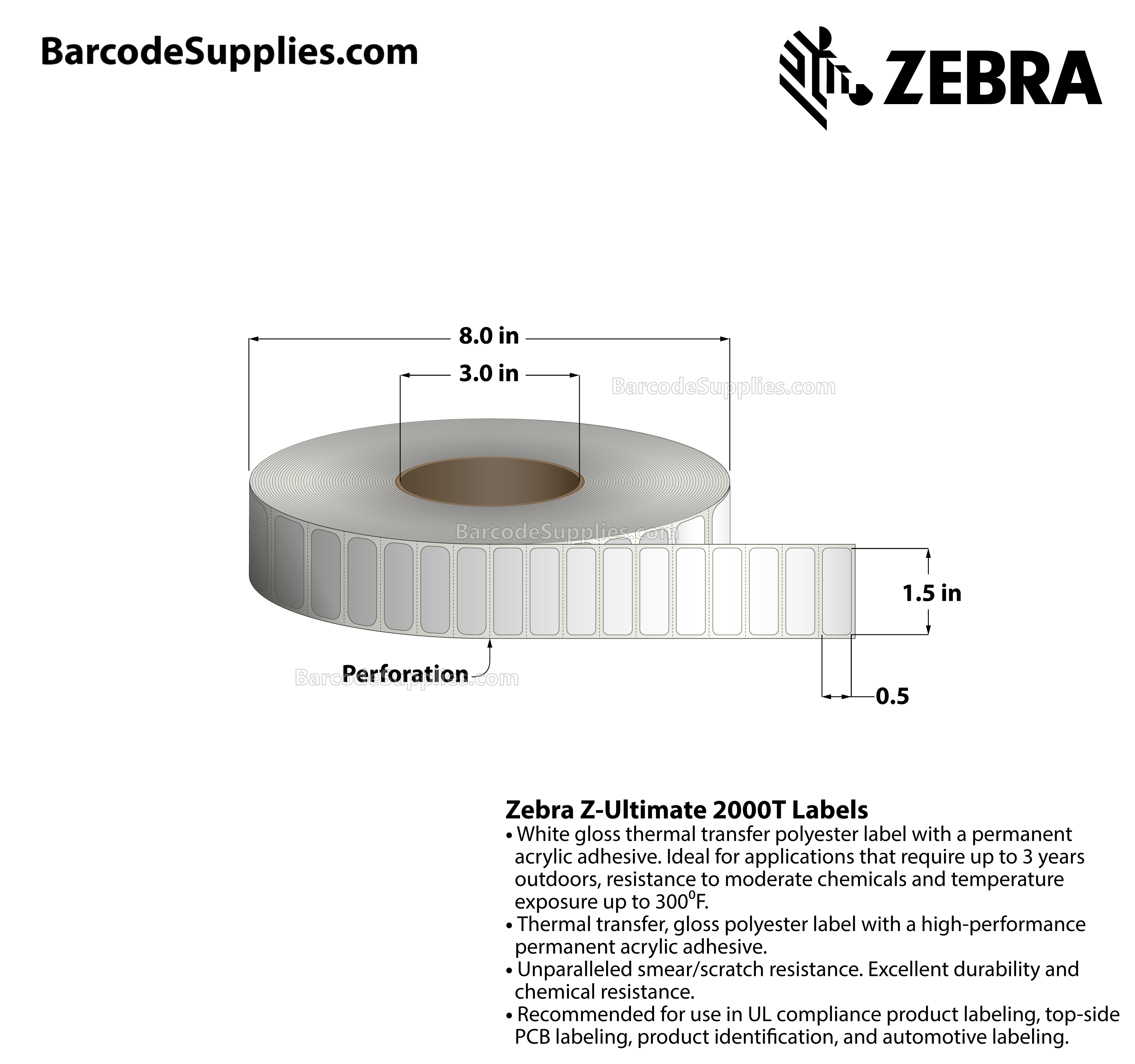 1.5 x 0.5 Thermal Transfer White Z-Ultimate 2000T Labels With Permanent Adhesive - Perforated - 9420 Labels Per Roll - Carton Of 4 Rolls - 37680 Labels Total - MPN: 10008511