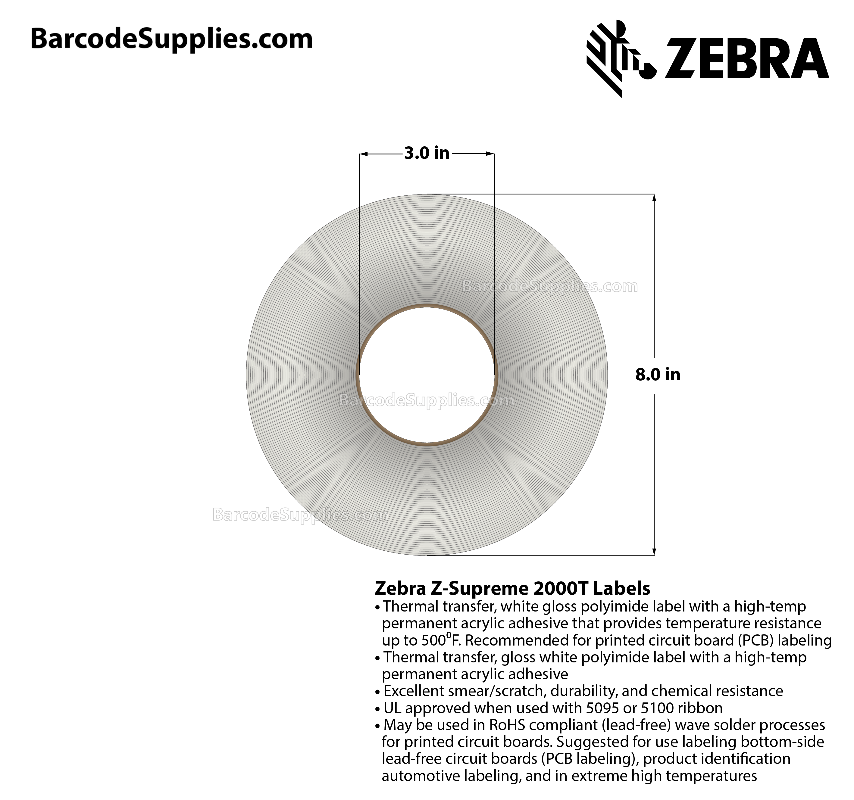 1.5 x 0.5 Thermal Transfer White Z-Supreme 2000T (2-Across) Labels With High-temp Adhesive - Perforated - 10000 Labels Per Roll - Carton Of 1 Rolls - 10000 Labels Total - MPN: 10023210