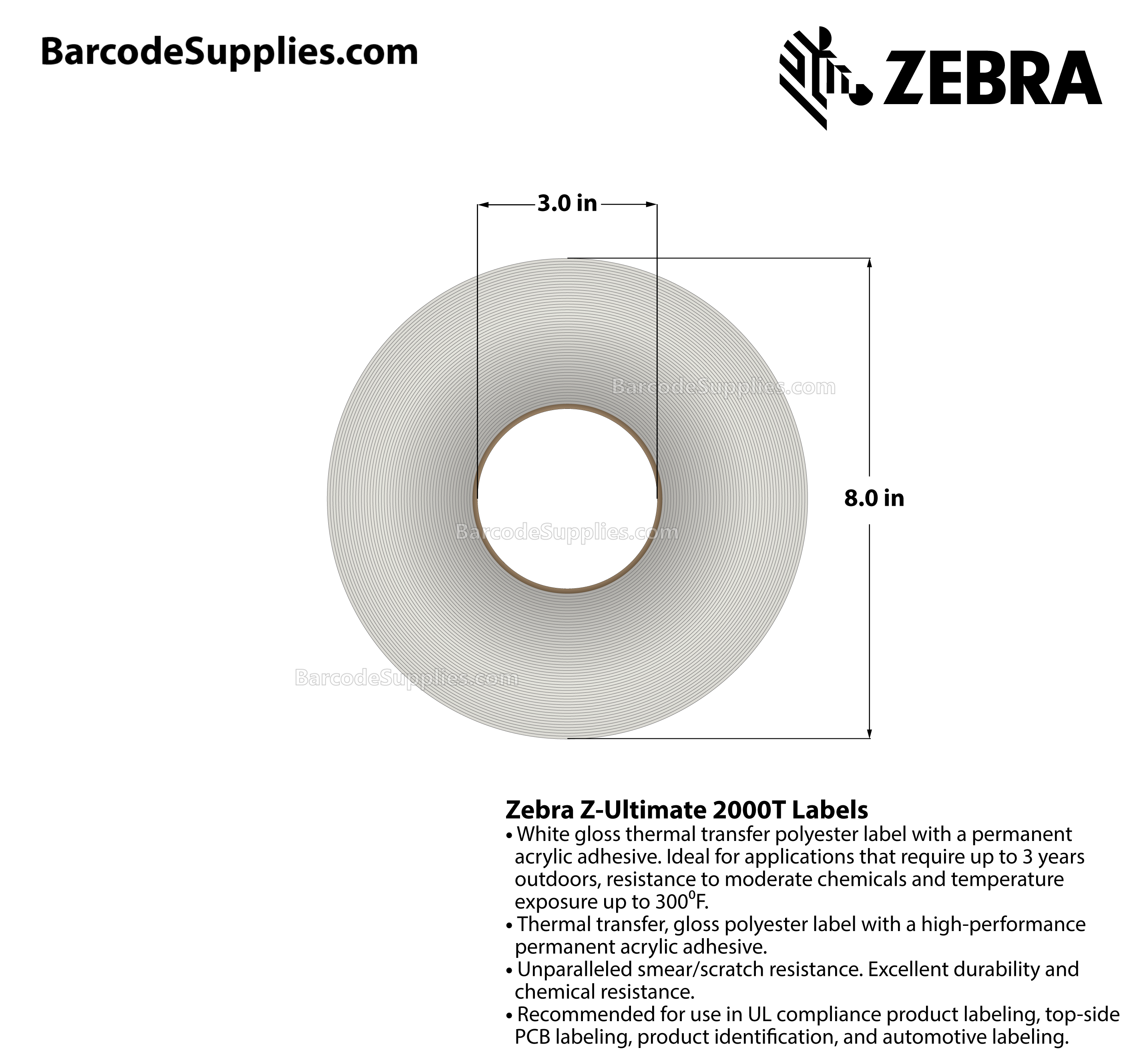 1.5 x 0.5 Thermal Transfer White Z-Ultimate 2000T (2-Across) Labels With Permanent Adhesive - Perforated - 10000 Labels Per Roll - Carton Of 1 Rolls - 10000 Labels Total - MPN: 10022957