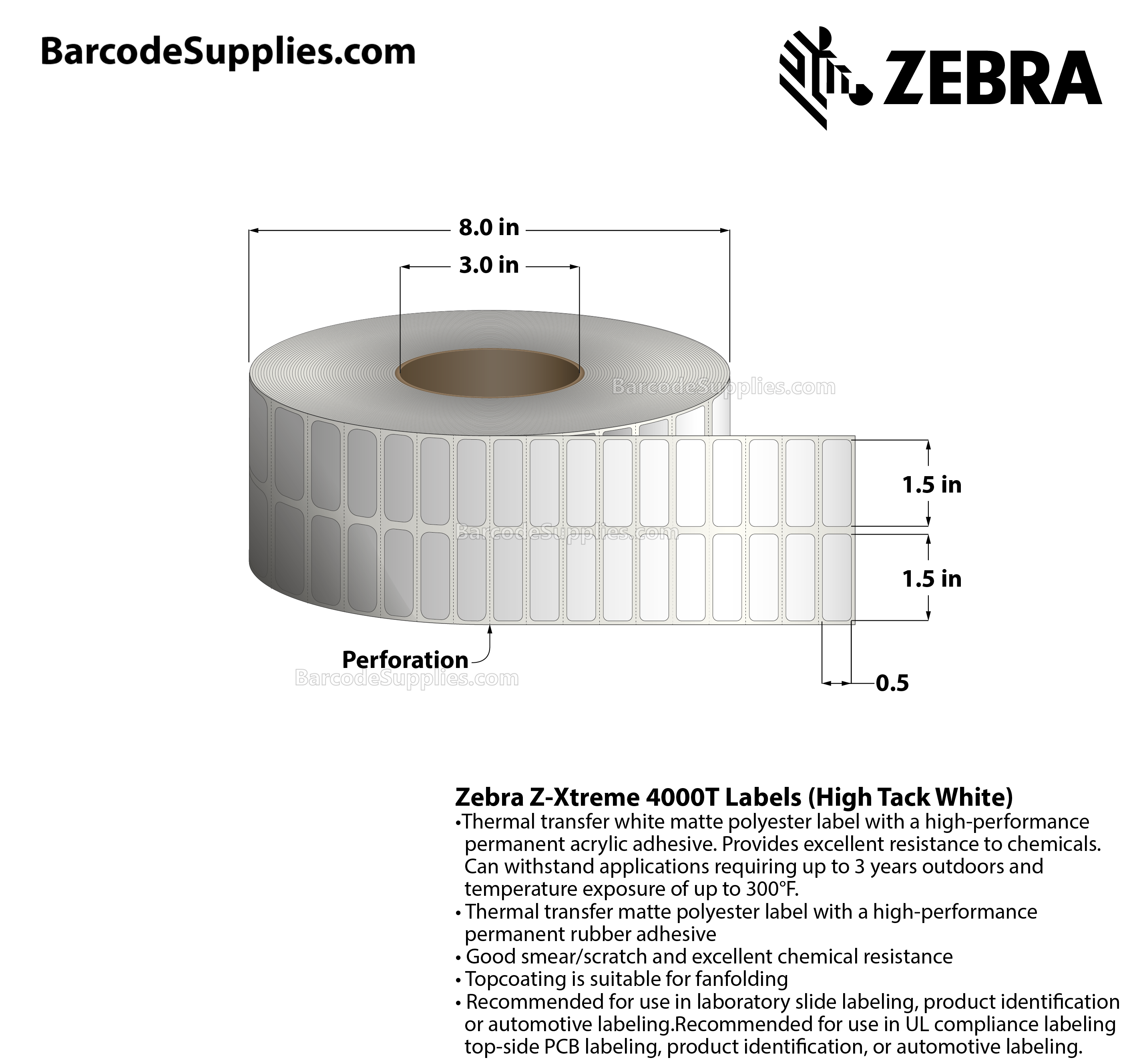 1.5 x 0.5 Thermal Transfer White Z-Xtreme 4000T High-Tack White (2-Across) Labels With High-tack Adhesive - Perforated - 10000 Labels Per Roll - Carton Of 1 Rolls - 10000 Labels Total - MPN: 10023226