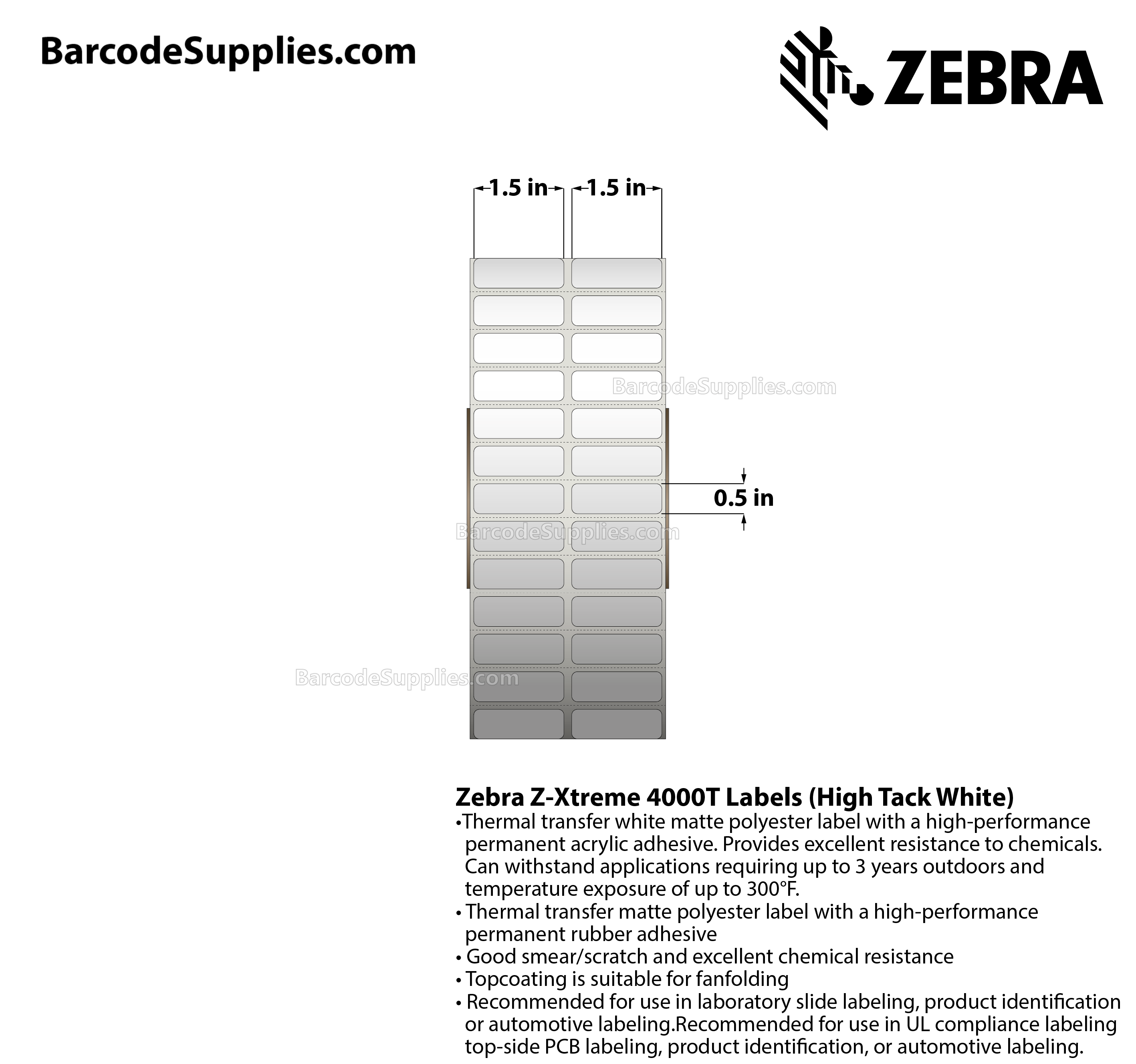 1.5 x 0.5 Thermal Transfer White Z-Xtreme 4000T High-Tack White (2-Across) Labels With High-tack Adhesive - Perforated - 10000 Labels Per Roll - Carton Of 1 Rolls - 10000 Labels Total - MPN: 10023226