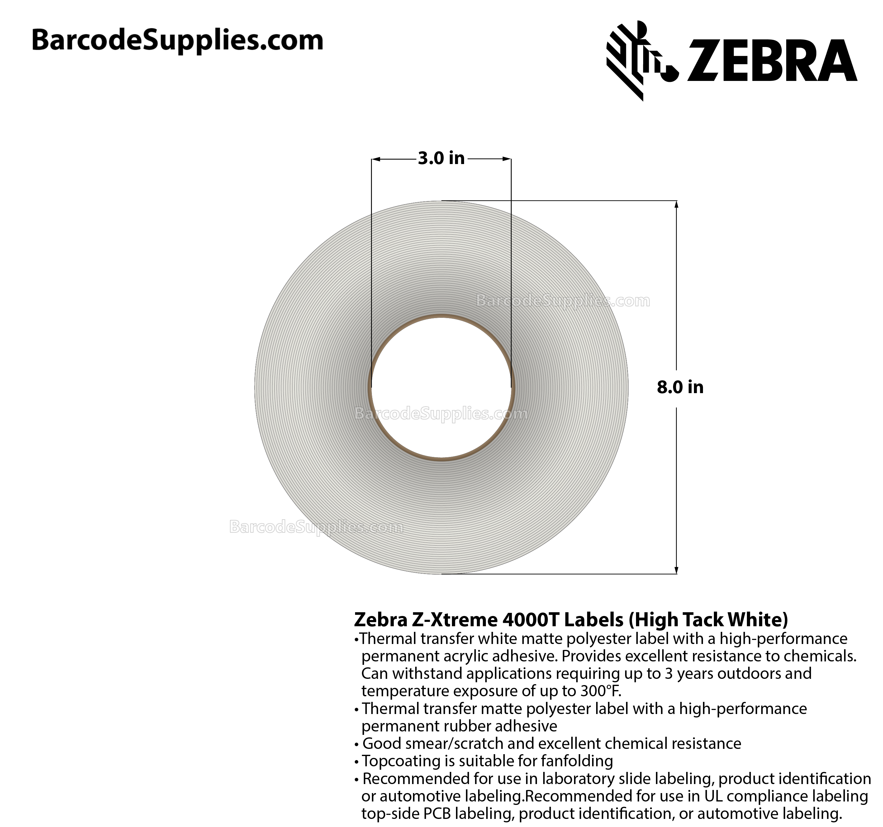 1.5 x 0.5 Thermal Transfer White Z-Xtreme 4000T High-Tack White (2-Across) Labels With High-tack Adhesive - Perforated - 10000 Labels Per Roll - Carton Of 1 Rolls - 10000 Labels Total - MPN: 10023226