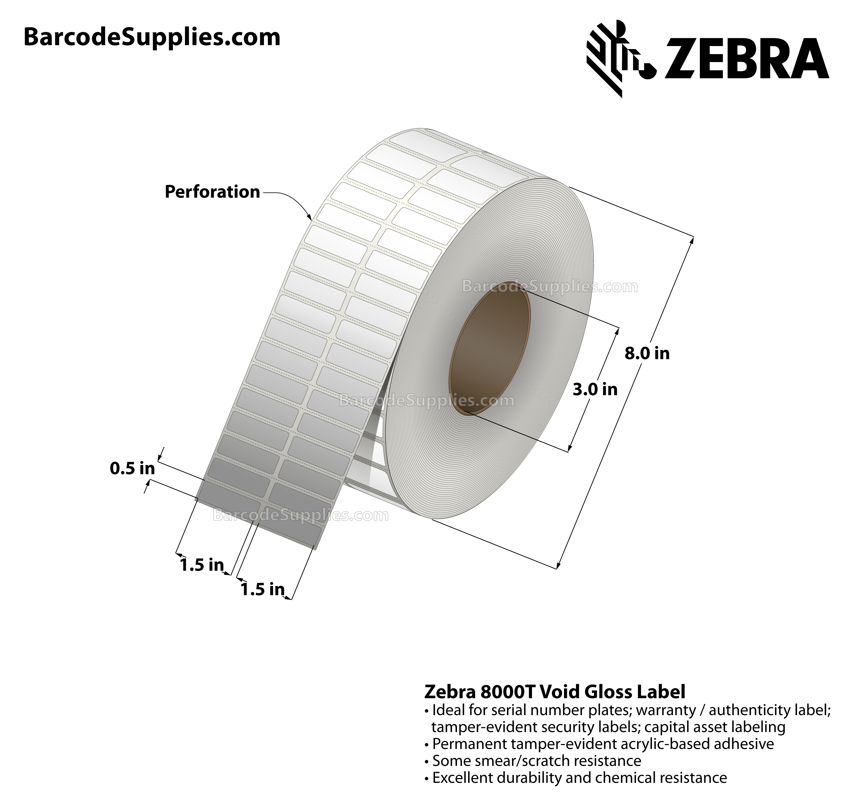 1.5 x 0.5 Thermal Transfer White 8000T Void Gloss (2-Across) Labels With Tamper-evident Adhesive - Perforated - 10000 Labels Per Roll - Carton Of 1 Rolls - 10000 Labels Total - MPN: 10023256