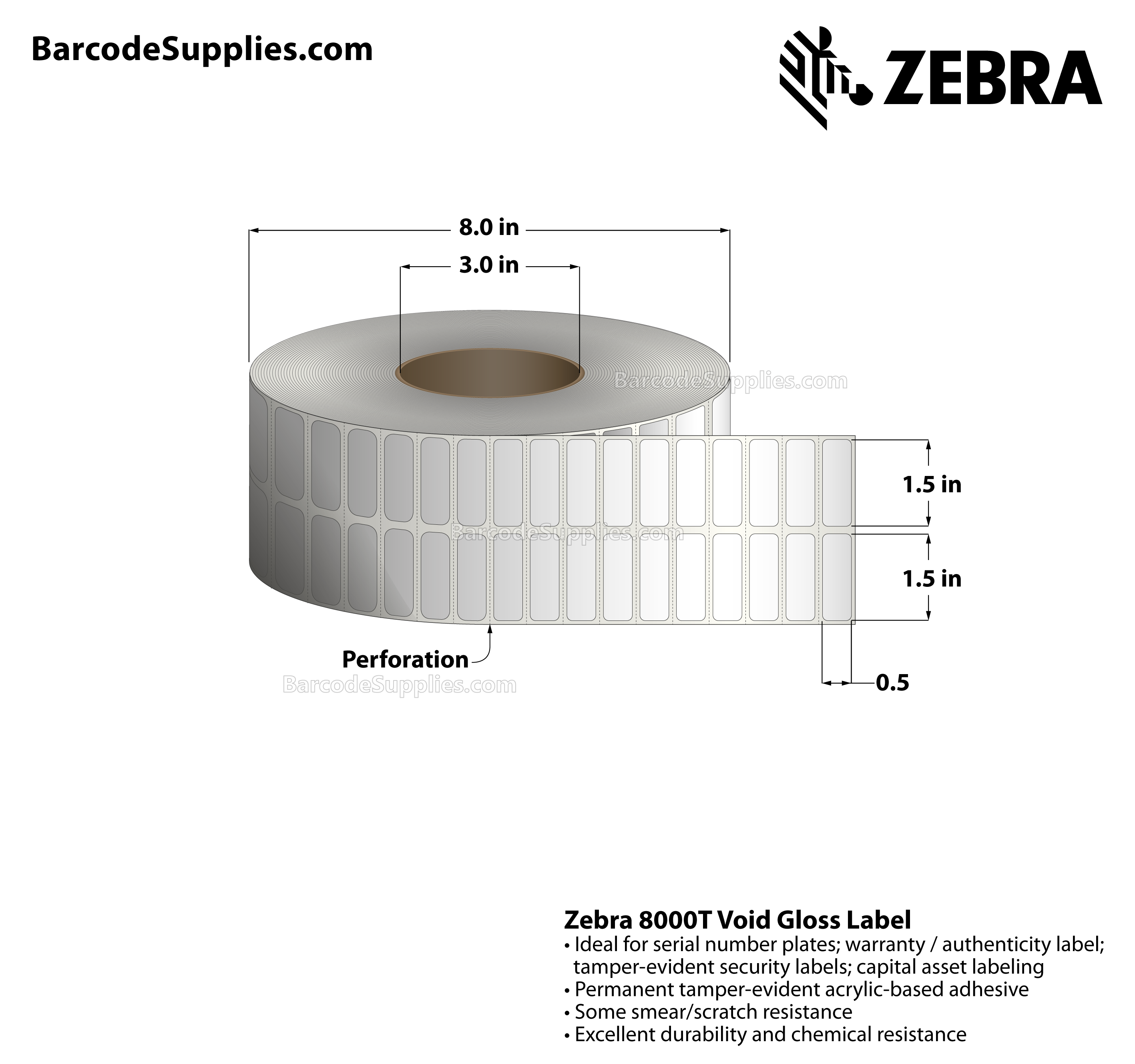 1.5 x 0.5 Thermal Transfer White 8000T Void Gloss (2-Across) Labels With Tamper-evident Adhesive - Perforated - 10000 Labels Per Roll - Carton Of 1 Rolls - 10000 Labels Total - MPN: 10023256