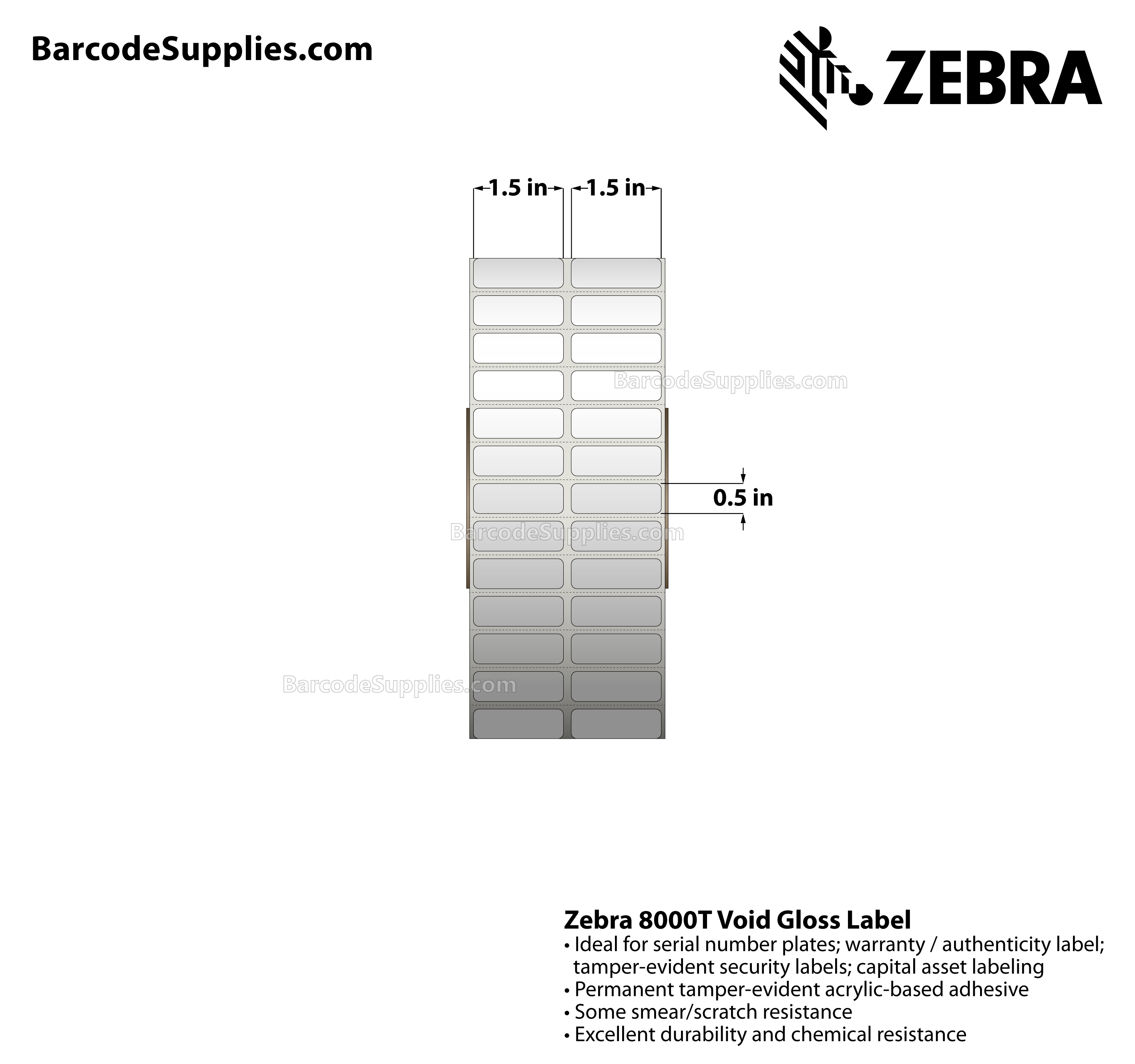 1.5 x 0.5 Thermal Transfer White 8000T Void Gloss (2-Across) Labels With Tamper-evident Adhesive - Perforated - 10000 Labels Per Roll - Carton Of 1 Rolls - 10000 Labels Total - MPN: 10023256