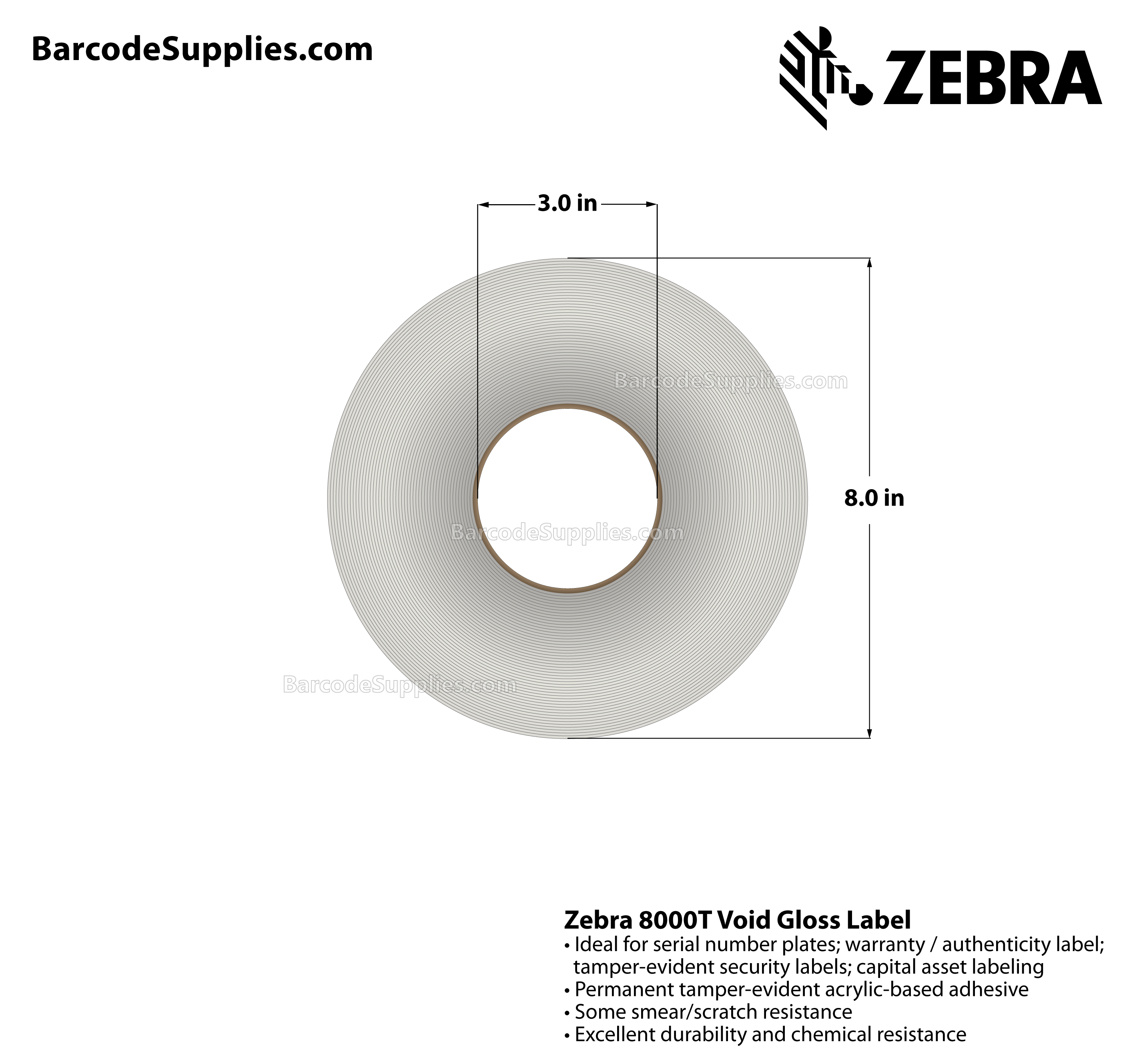 1.5 x 0.5 Thermal Transfer White 8000T Void Gloss (2-Across) Labels With Tamper-evident Adhesive - Perforated - 10000 Labels Per Roll - Carton Of 1 Rolls - 10000 Labels Total - MPN: 10023256