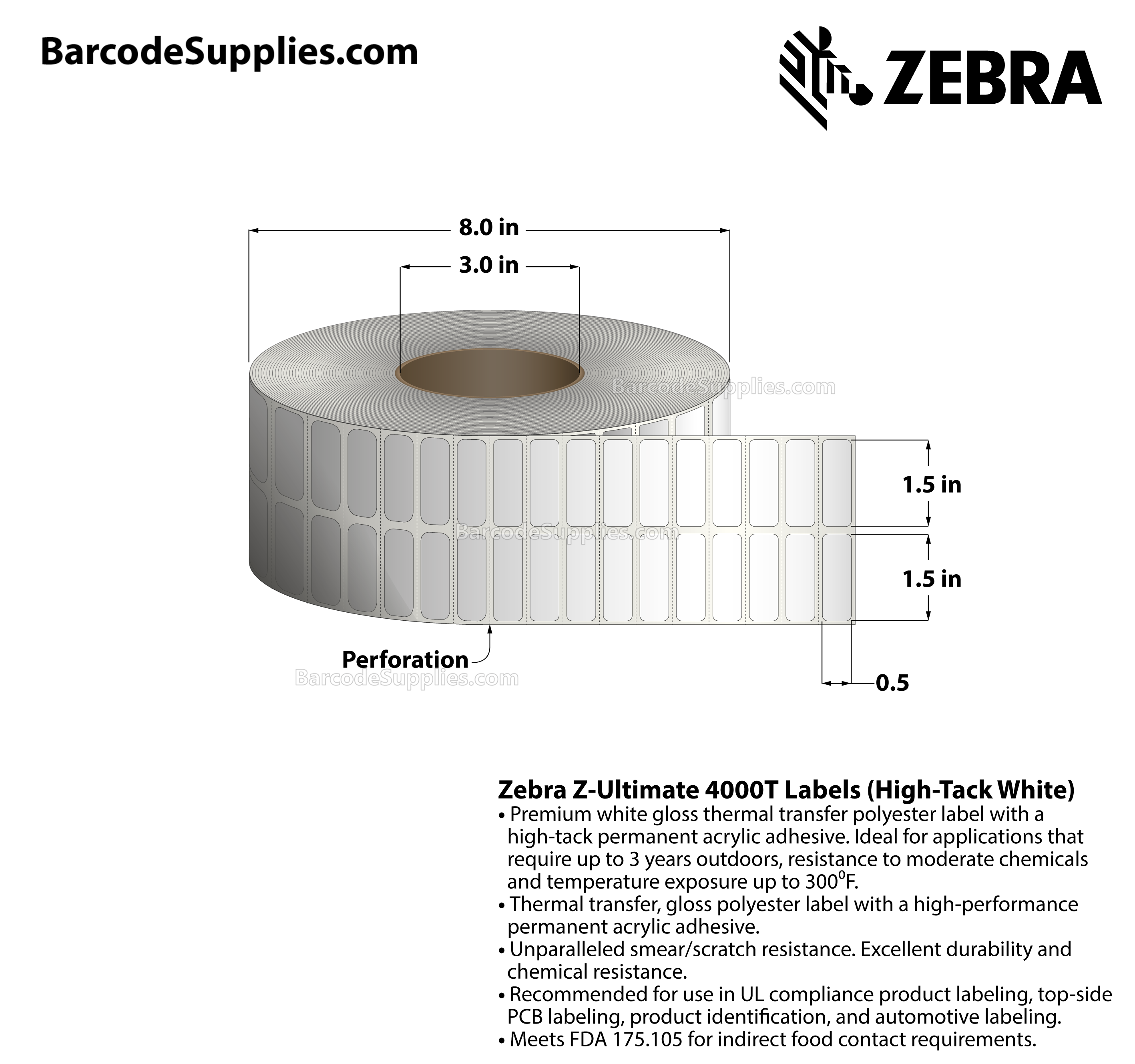 1.5 x 0.5 Thermal Transfer White Z-Ultimate 4000T High-Tack White (2-Across) Labels With High-tack Adhesive - Perforated - 10000 Labels Per Roll - Carton Of 1 Rolls - 10000 Labels Total - MPN: 10023053