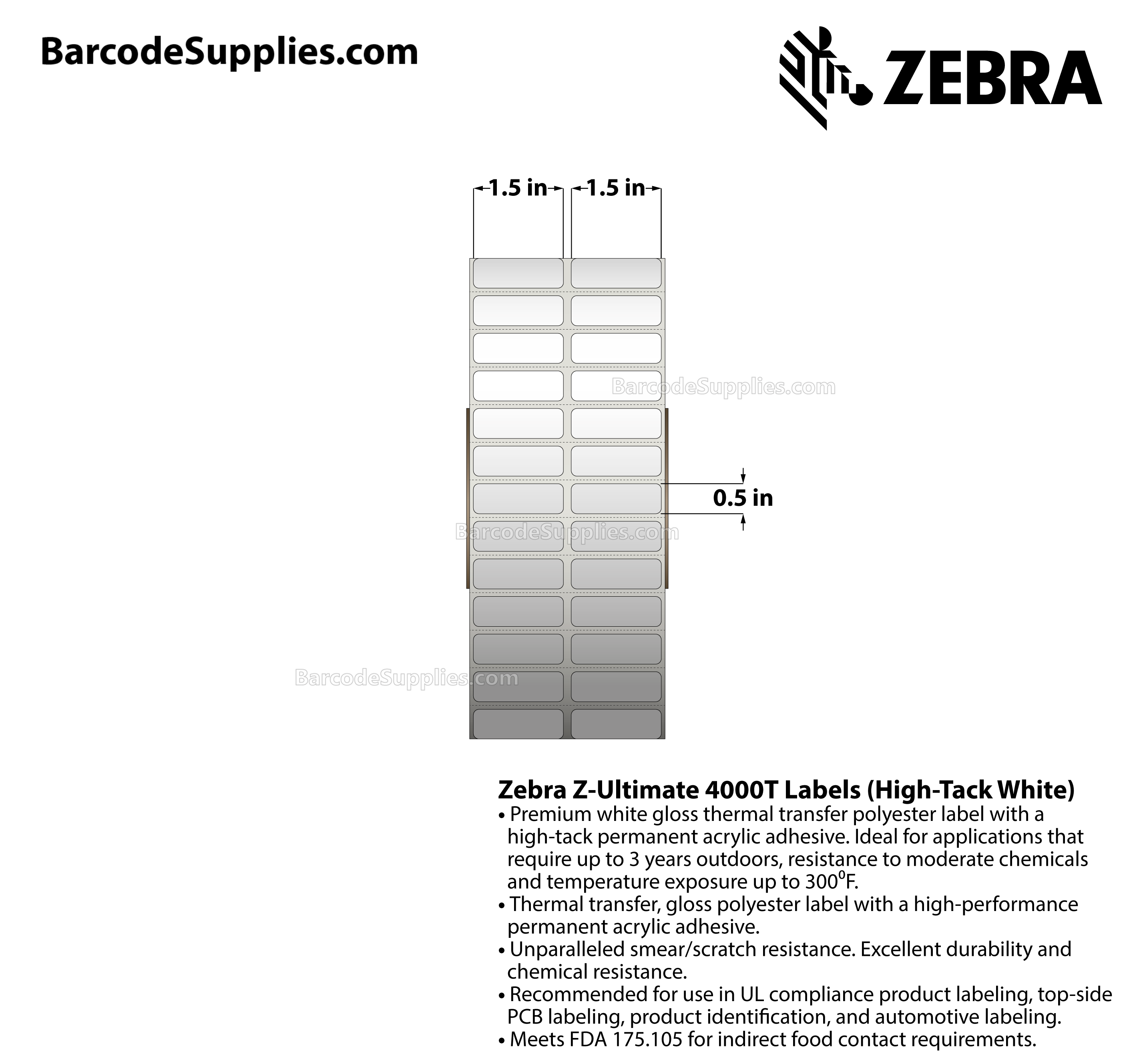 1.5 x 0.5 Thermal Transfer White Z-Ultimate 4000T High-Tack White (2-Across) Labels With High-tack Adhesive - Perforated - 10000 Labels Per Roll - Carton Of 1 Rolls - 10000 Labels Total - MPN: 10023053