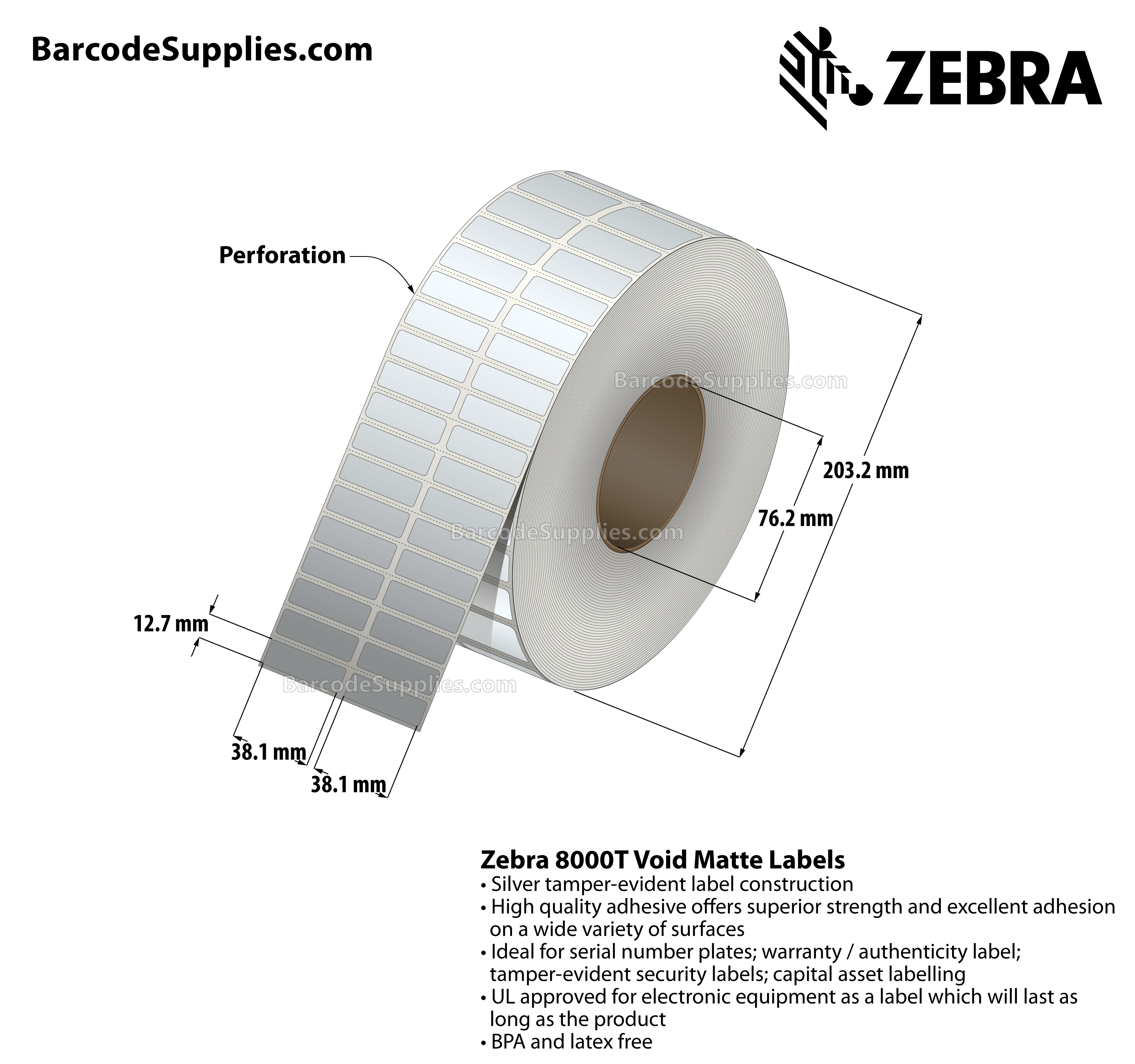 1.5 x 0.5 Thermal Transfer Silver 8000T Void Matte Silver (2-Across) Labels With Tamper-evident Adhesive - Perforated - 10000 Labels Per Roll - Carton Of 1 Rolls - 10000 Labels Total - MPN: 10022918