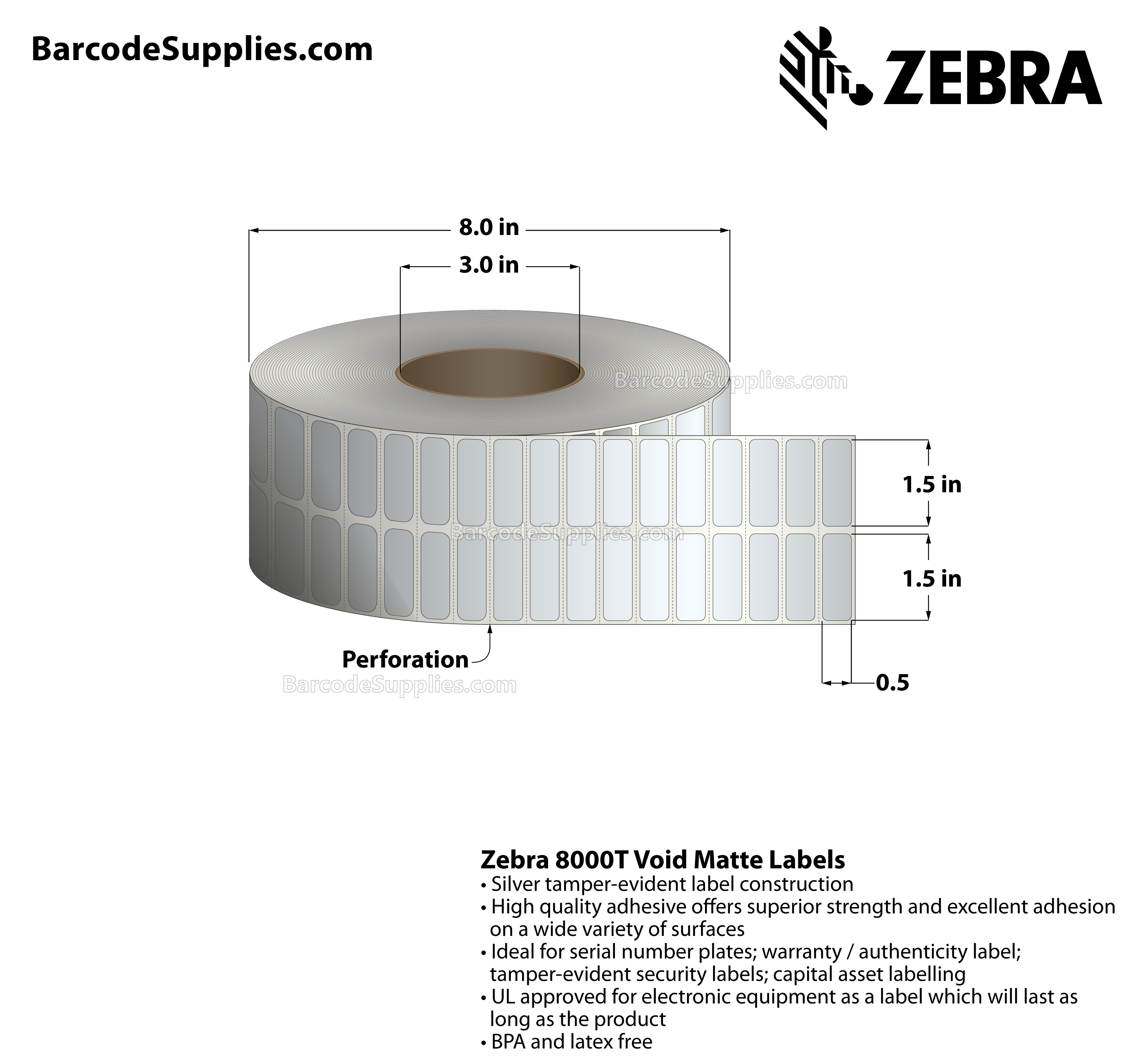 1.5 x 0.5 Thermal Transfer Silver 8000T Void Matte Silver (2-Across) Labels With Tamper-evident Adhesive - Perforated - 10000 Labels Per Roll - Carton Of 1 Rolls - 10000 Labels Total - MPN: 10022918