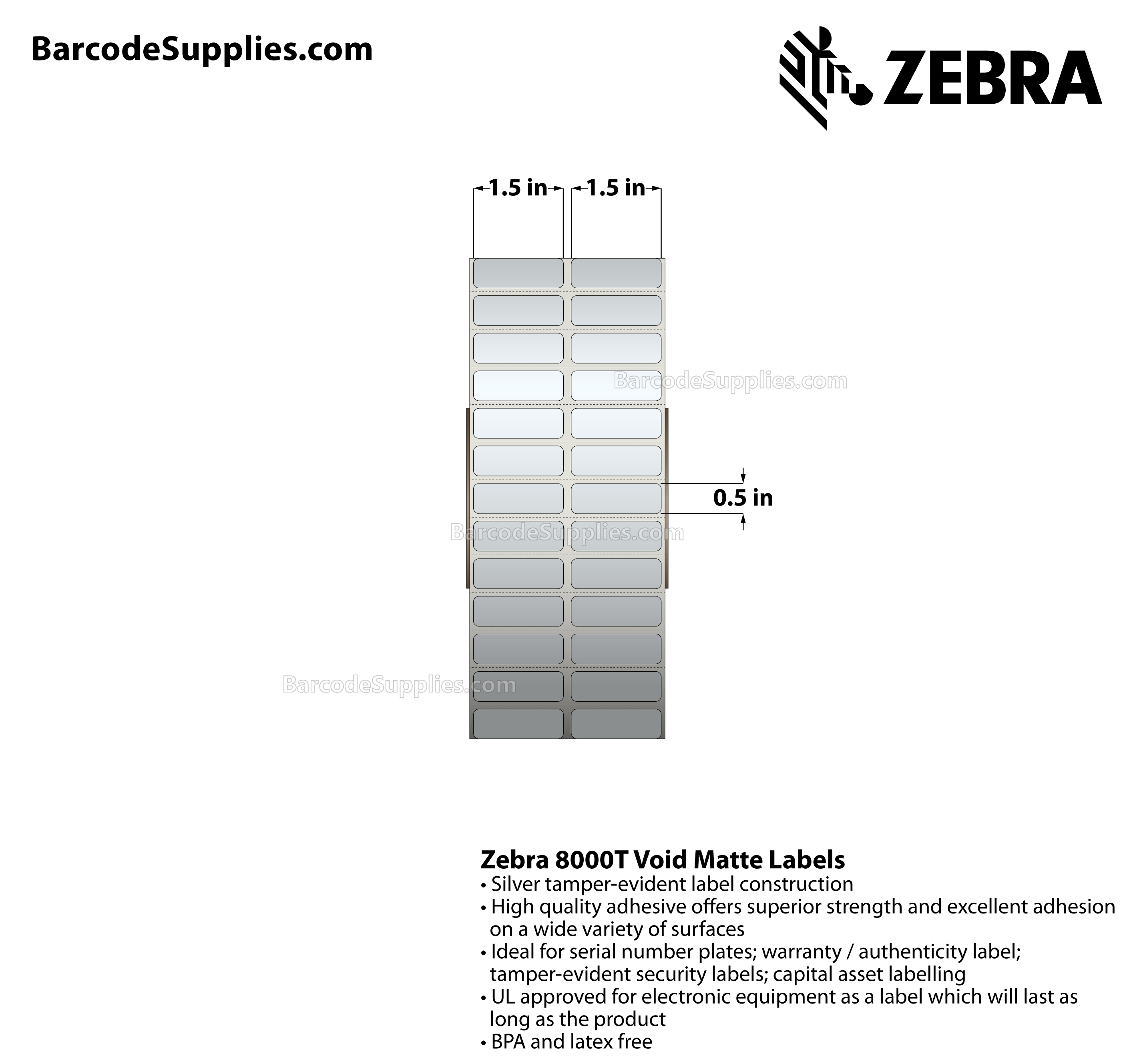 1.5 x 0.5 Thermal Transfer Silver 8000T Void Matte Silver (2-Across) Labels With Tamper-evident Adhesive - Perforated - 10000 Labels Per Roll - Carton Of 1 Rolls - 10000 Labels Total - MPN: 10022918