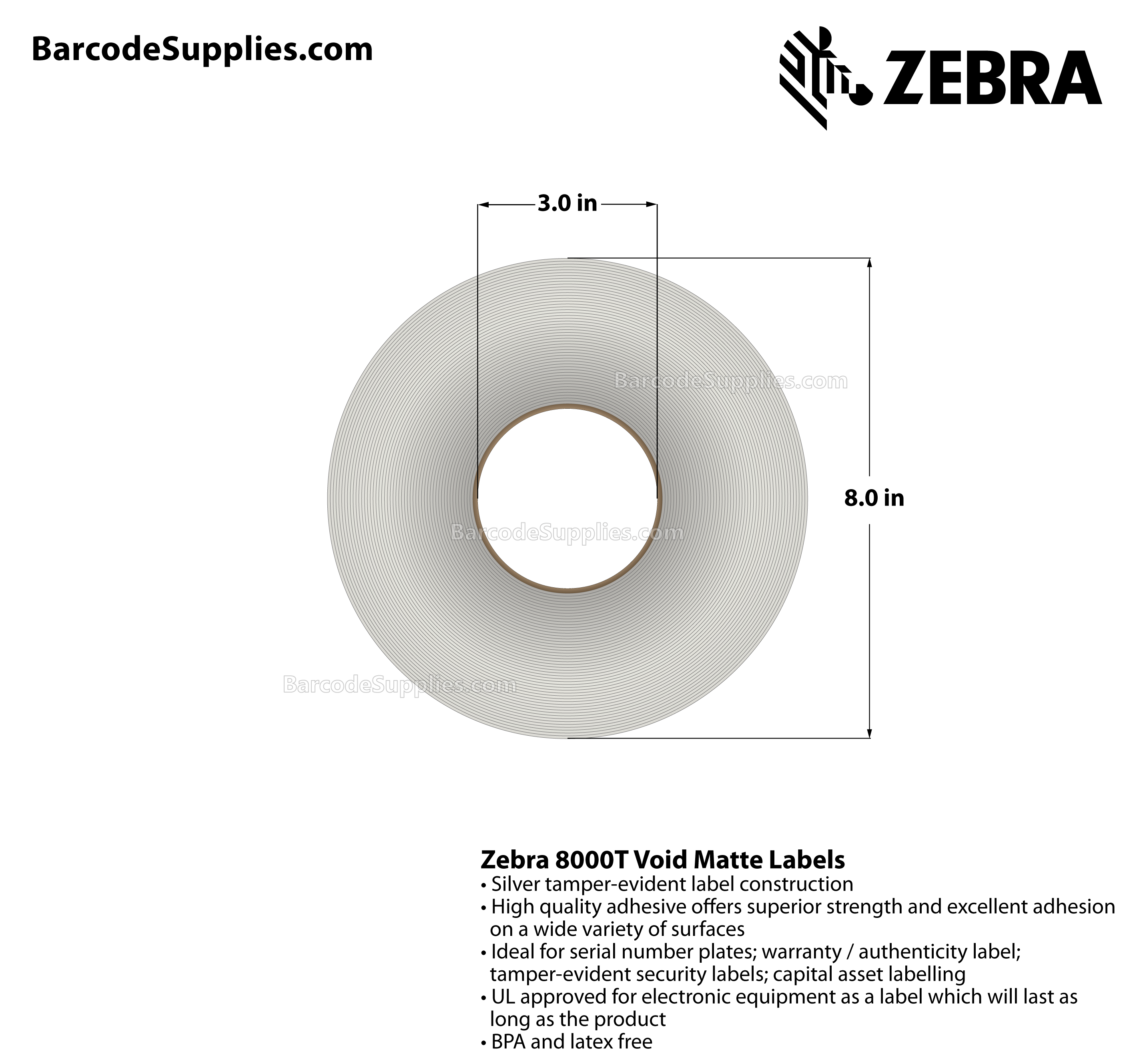 1.5 x 0.5 Thermal Transfer Silver 8000T Void Matte Silver (2-Across) Labels With Tamper-evident Adhesive - Perforated - 10000 Labels Per Roll - Carton Of 1 Rolls - 10000 Labels Total - MPN: 10022918