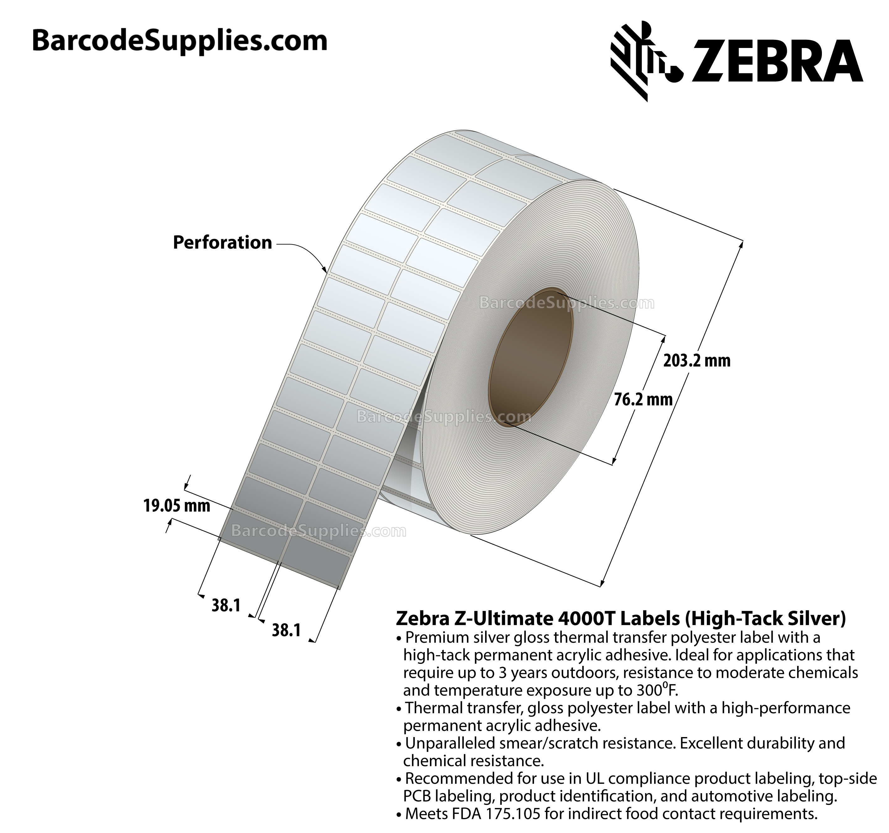 1.5 x 0.75 Thermal Transfer Silver Z-Ultimate 4000T High-Tack Silver (2-Across) Labels With High-tack Adhesive - Perforated - 10000 Labels Per Roll - Carton Of 1 Rolls - 10000 Labels Total - MPN: 10023350