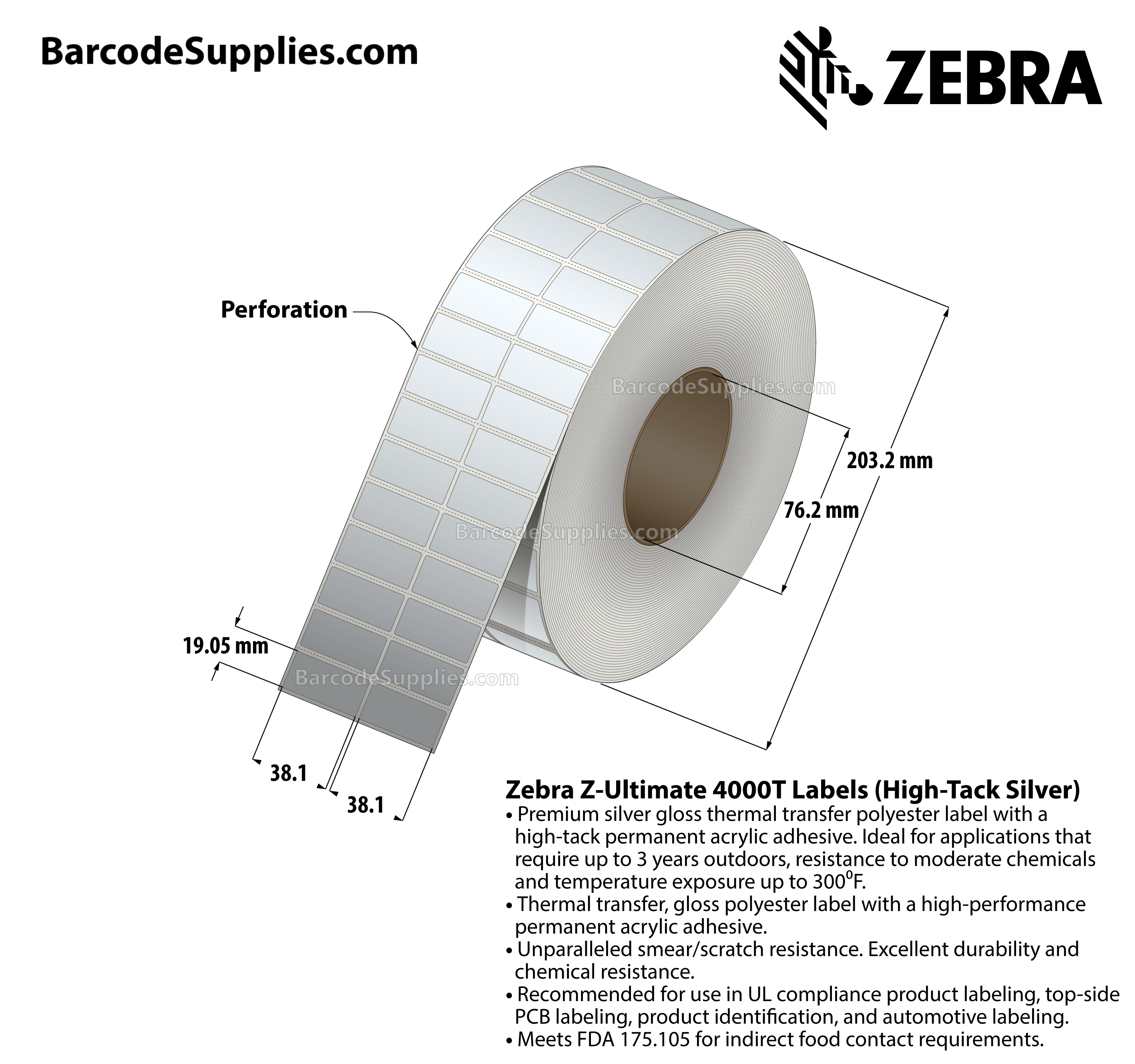 1.5 x 0.75 Thermal Transfer Silver Z-Ultimate 4000T Silver (2-Across) Labels With Permanent Adhesive - Perforated - 10000 Labels Per Roll - Carton Of 1 Rolls - 10000 Labels Total - MPN: 10023155