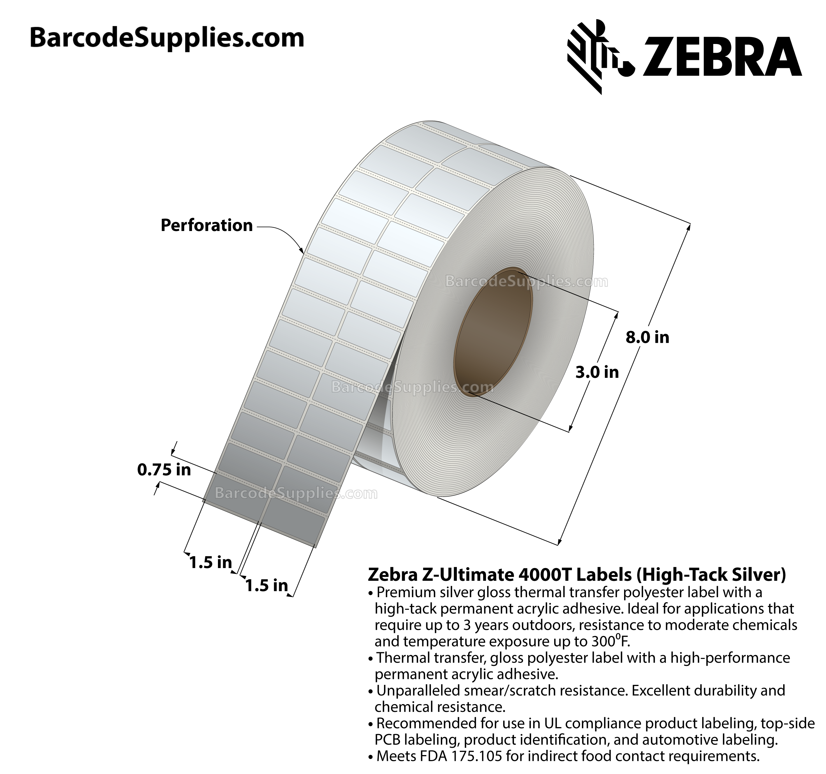 1.5 x 0.75 Thermal Transfer Silver Z-Ultimate 4000T Silver (2-Across) Labels With Permanent Adhesive - Perforated - 10000 Labels Per Roll - Carton Of 1 Rolls - 10000 Labels Total - MPN: 10023155