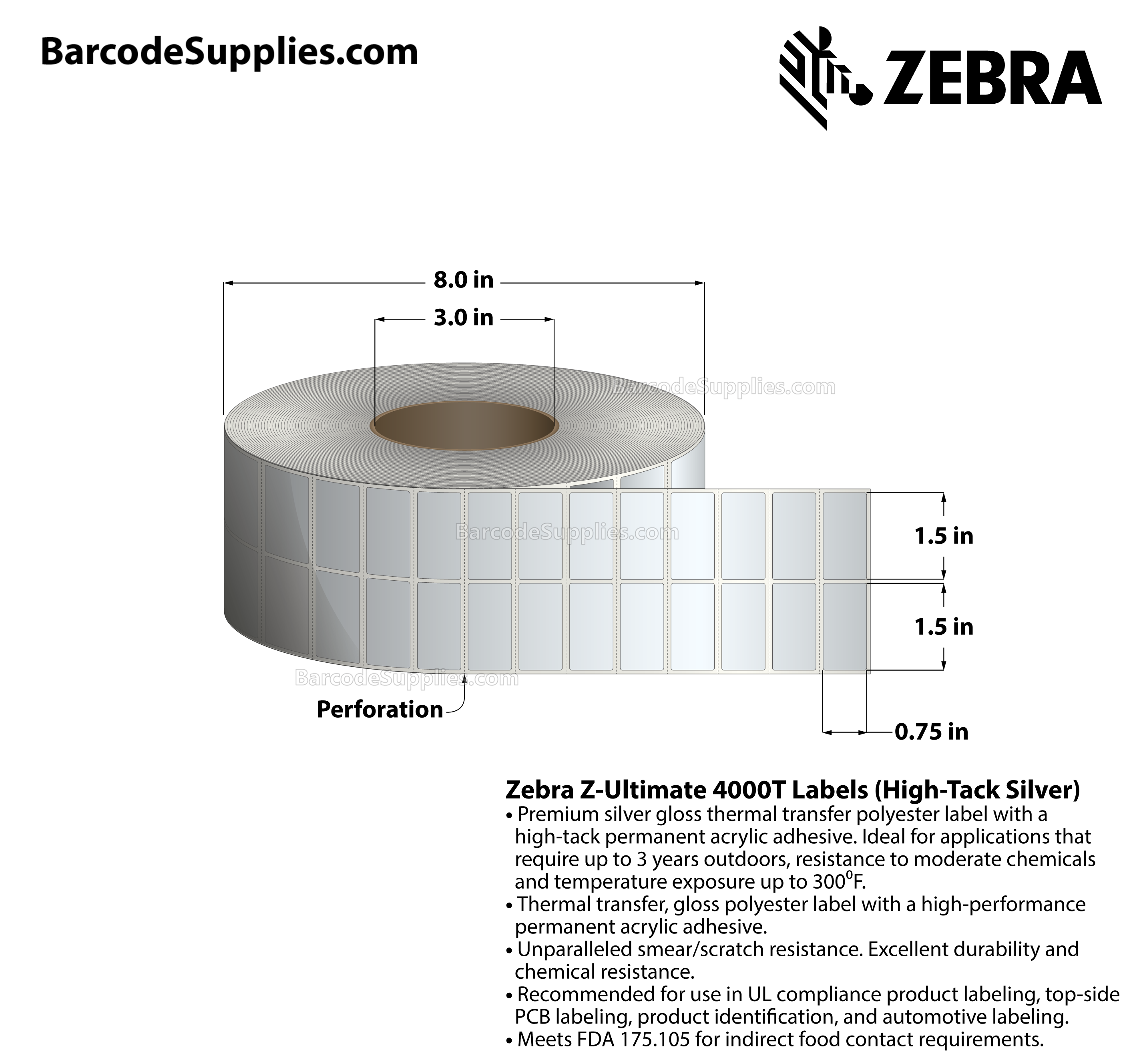 1.5 x 0.75 Thermal Transfer Silver Z-Ultimate 4000T Silver (2-Across) Labels With Permanent Adhesive - Perforated - 10000 Labels Per Roll - Carton Of 1 Rolls - 10000 Labels Total - MPN: 10023155