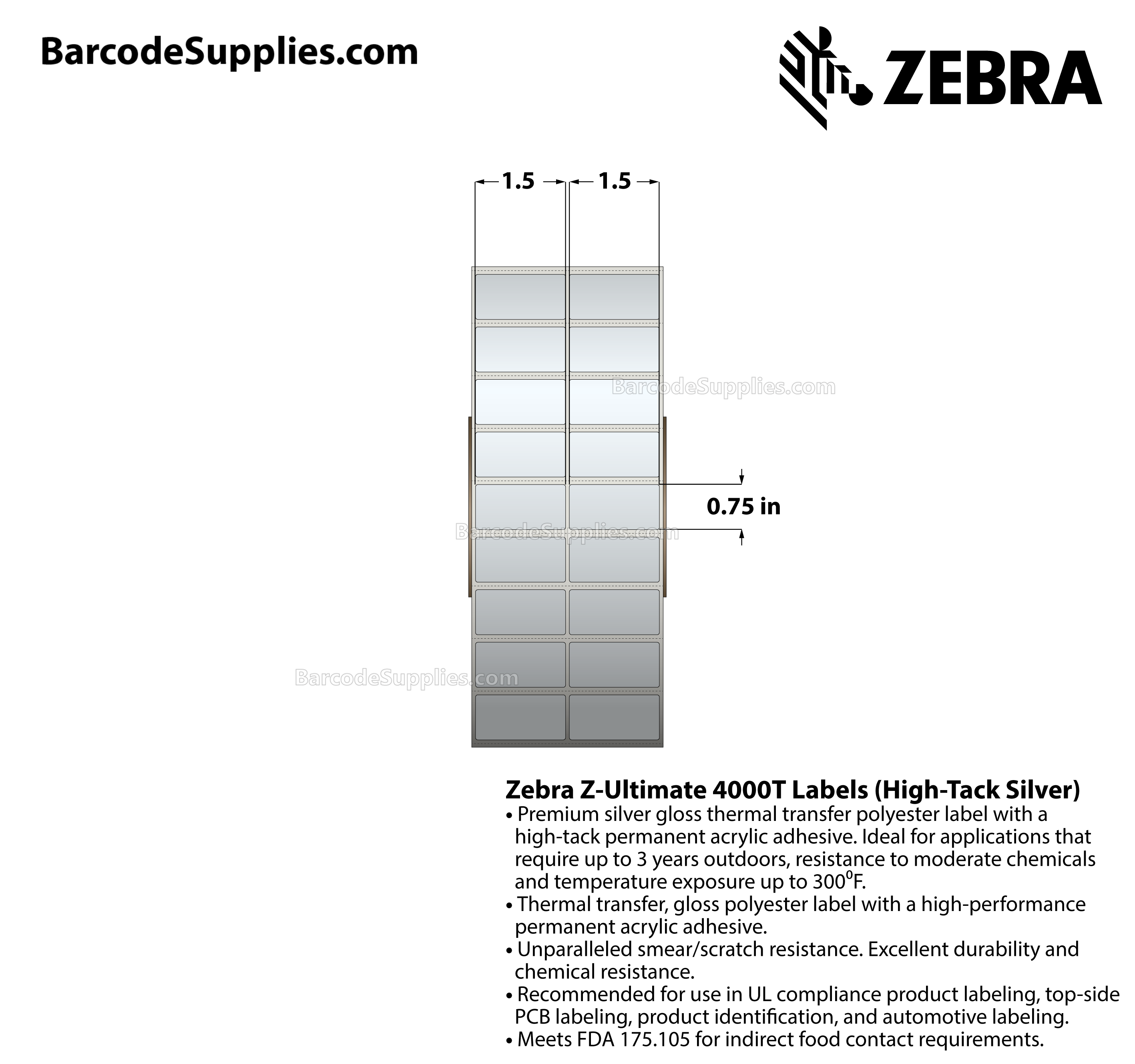 1.5 x 0.75 Thermal Transfer Silver Z-Ultimate 4000T High-Tack Silver (2-Across) Labels With High-tack Adhesive - Perforated - 10000 Labels Per Roll - Carton Of 1 Rolls - 10000 Labels Total - MPN: 10023350