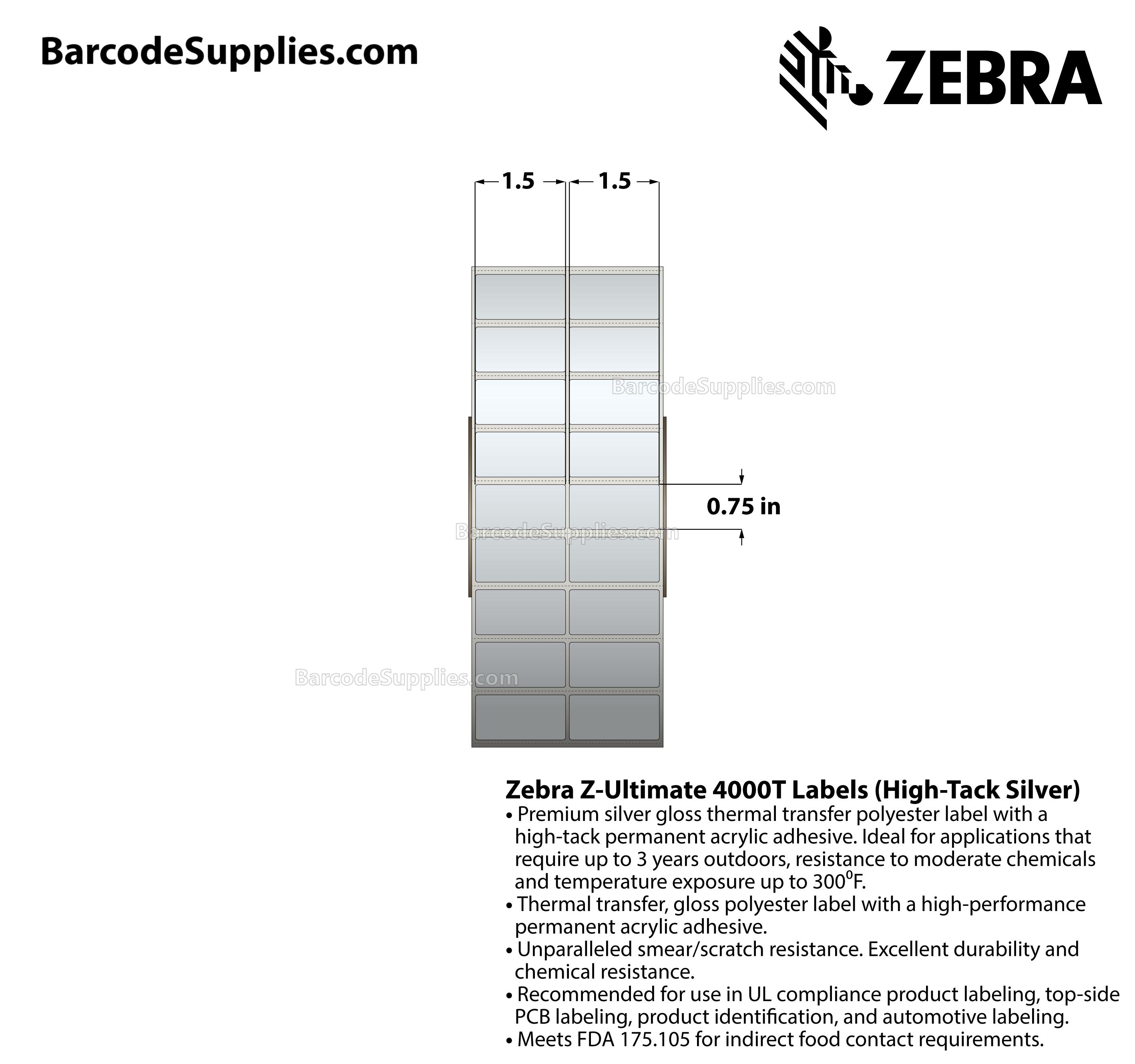 1.5 x 0.75 Thermal Transfer Silver Z-Ultimate 4000T Silver (2-Across) Labels With Permanent Adhesive - Perforated - 10000 Labels Per Roll - Carton Of 1 Rolls - 10000 Labels Total - MPN: 10023155