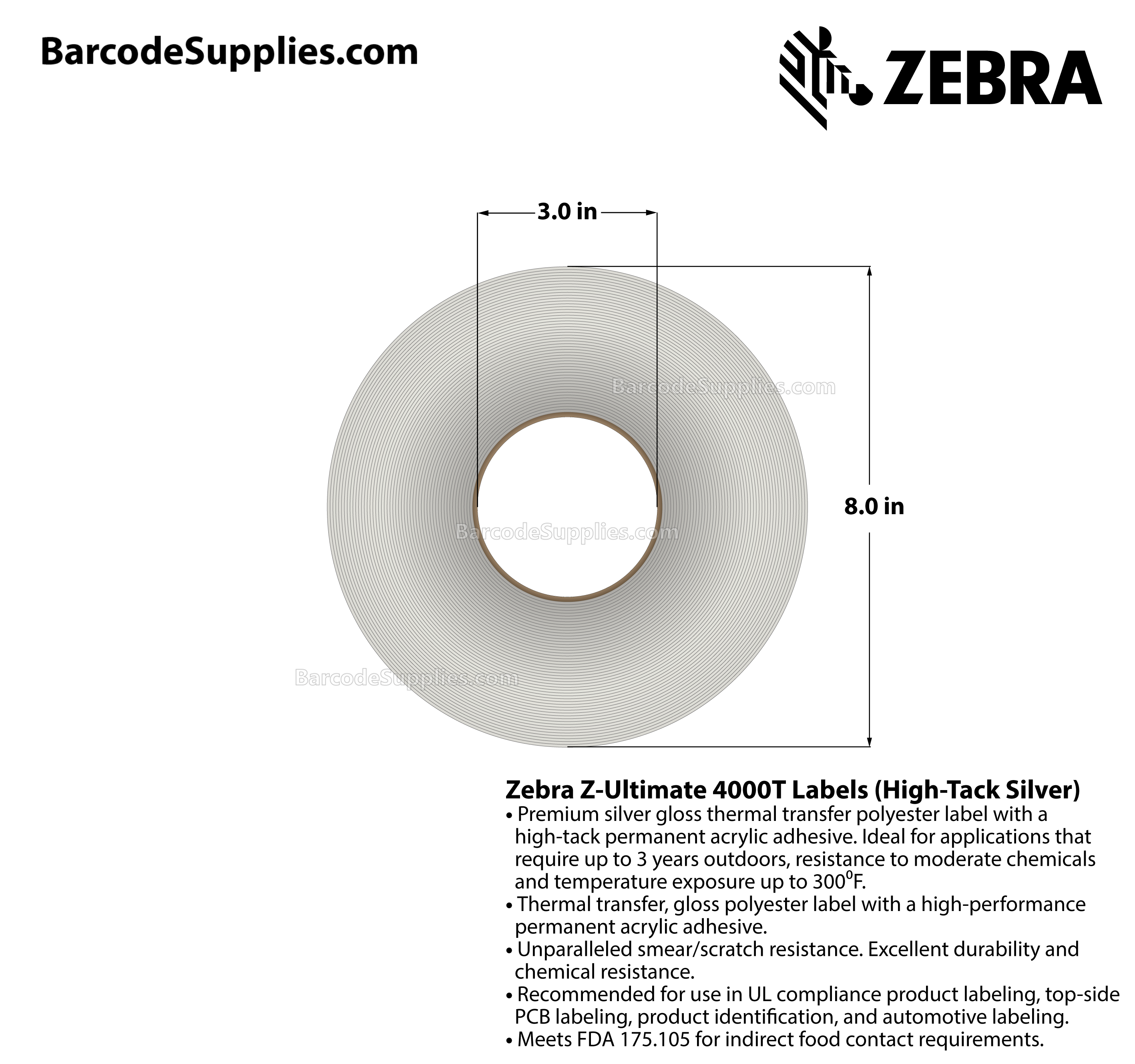 1.5 x 0.75 Thermal Transfer Silver Z-Ultimate 4000T Silver (2-Across) Labels With Permanent Adhesive - Perforated - 10000 Labels Per Roll - Carton Of 1 Rolls - 10000 Labels Total - MPN: 10023155