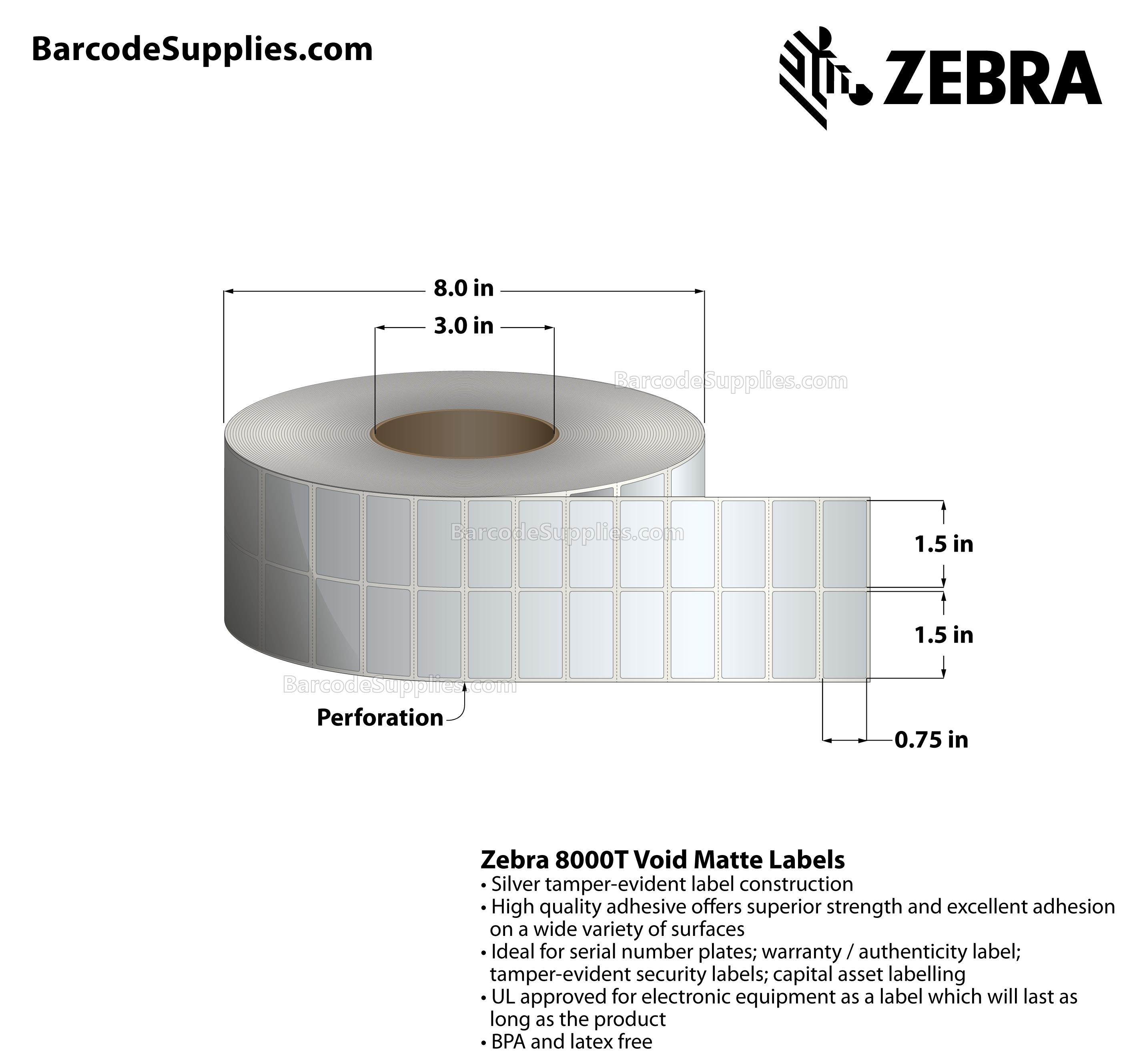Products 1.5 x 0.75 Thermal Transfer Silver 8000T Void Matte Silver (2-Across) Labels With Tamper-evident Adhesive - Perforated - 10000 Labels Per Roll - Carton Of 1 Rolls - 10000 Labels Total - MPN: 10022919