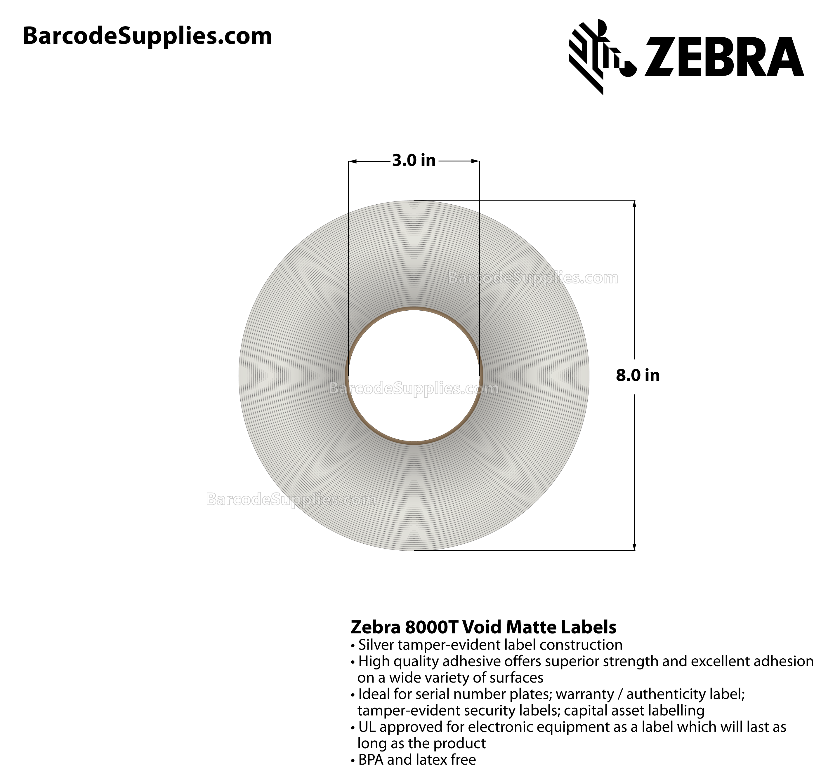 Products 1.5 x 0.75 Thermal Transfer Silver 8000T Void Matte Silver (2-Across) Labels With Tamper-evident Adhesive - Perforated - 10000 Labels Per Roll - Carton Of 1 Rolls - 10000 Labels Total - MPN: 10022919