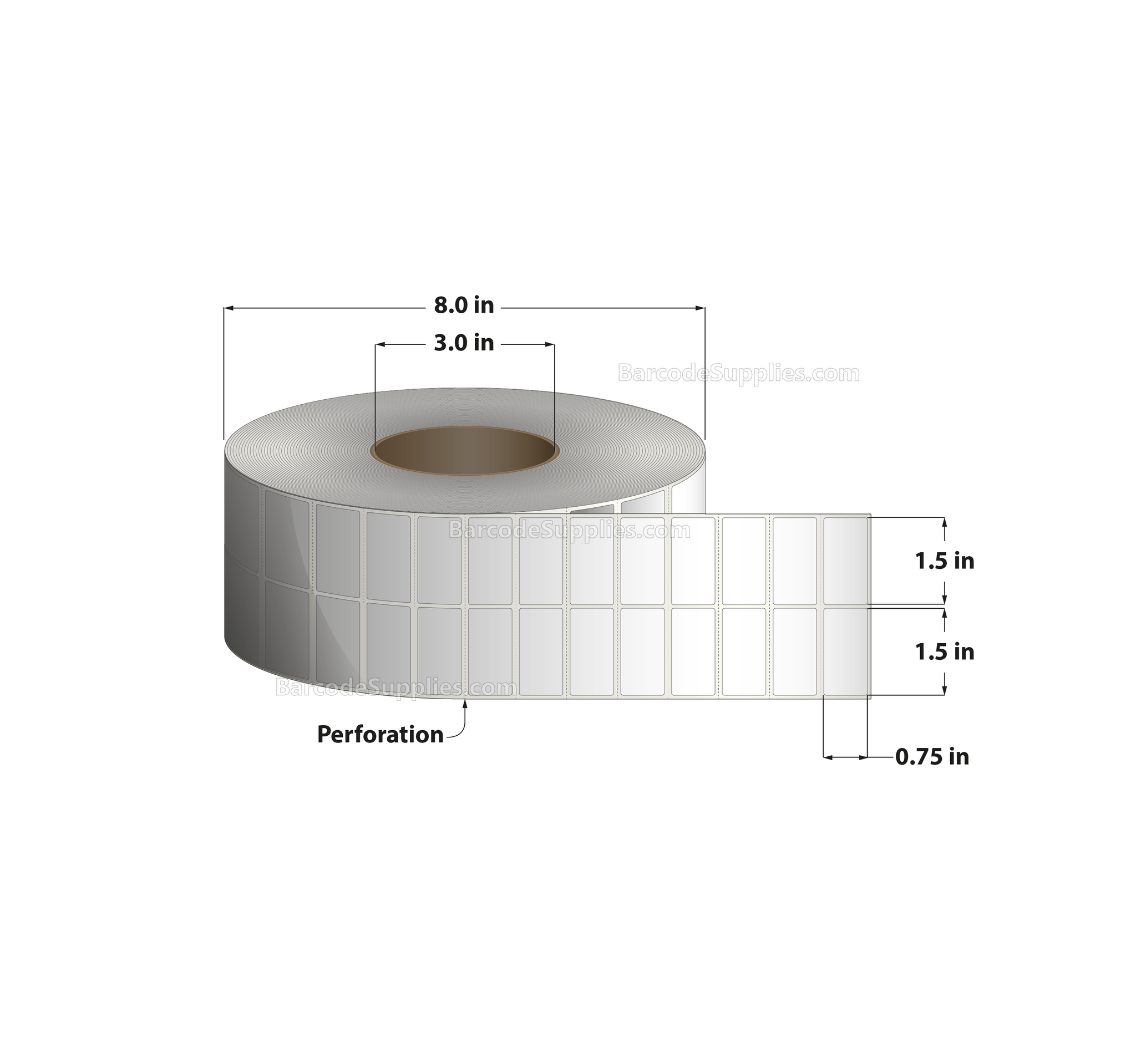 1.5 x 0.75 Thermal Transfer White Labels With Permanent Adhesive - Perforated - 15,000 Labels Per Roll - Carton Of 4 Rolls - 60000 Labels Total - MPN: RP-15-075-15000-3