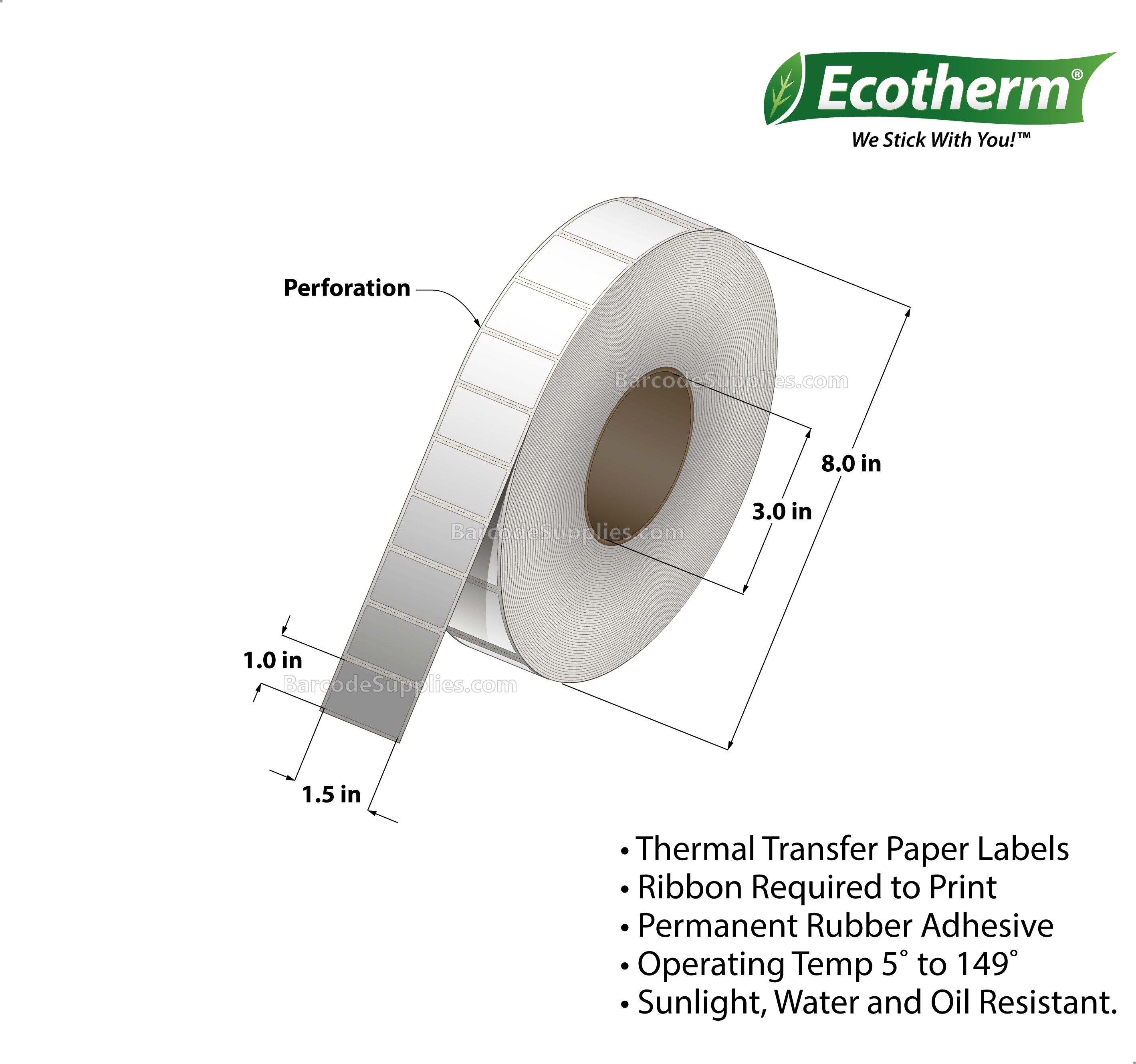 1.5 x 1 Thermal Transfer White Labels With Rubber Adhesive - Perforated - 10800 Labels Per Roll - Carton Of 4 Rolls - 43200 Labels Total - MPN: ECOTHERM28106-4