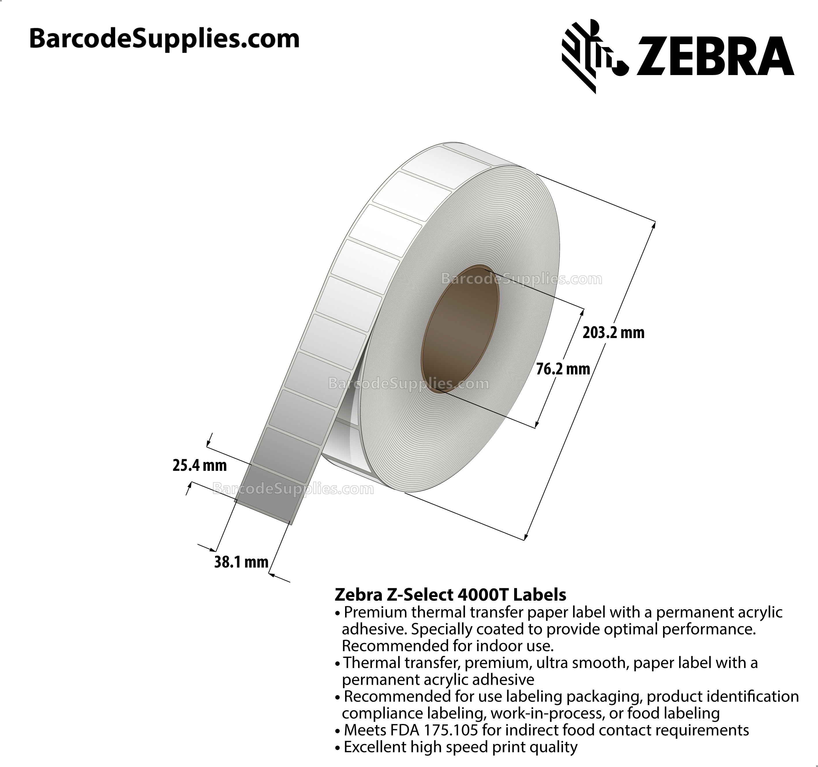 1.5 x 1 Thermal Transfer White Z-Select 4000T Labels With Permanent Adhesive - Not Perforated - 5180 Labels Per Roll - Carton Of 14 Rolls - 72520 Labels Total - MPN: 72280