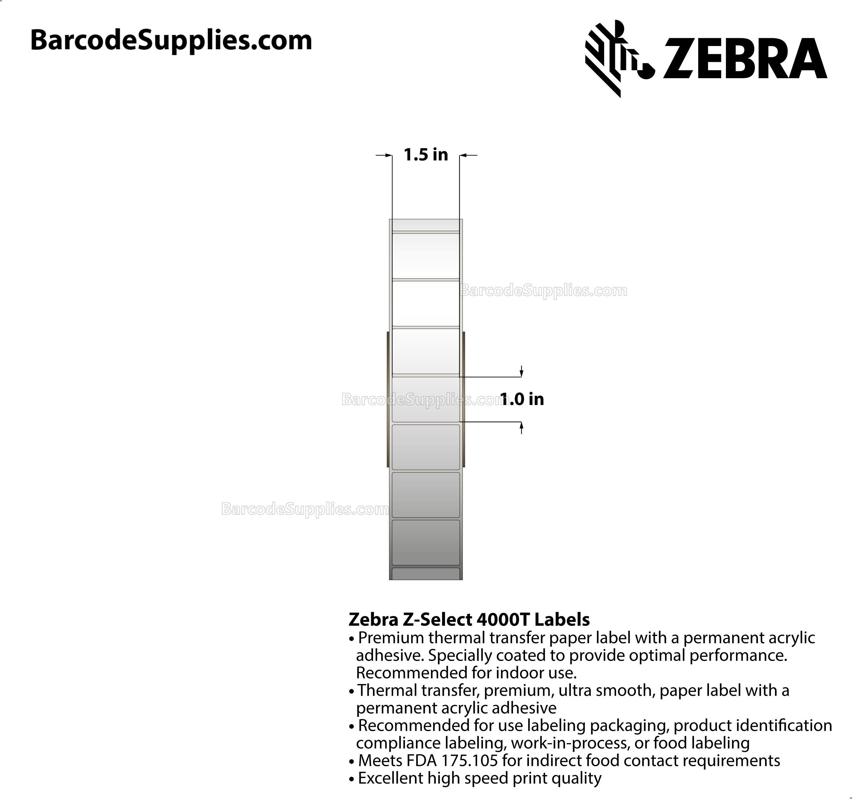 1.5 x 1 Thermal Transfer White Z-Select 4000T Labels With Permanent Adhesive - Not Perforated - 5180 Labels Per Roll - Carton Of 14 Rolls - 72520 Labels Total - MPN: 72280