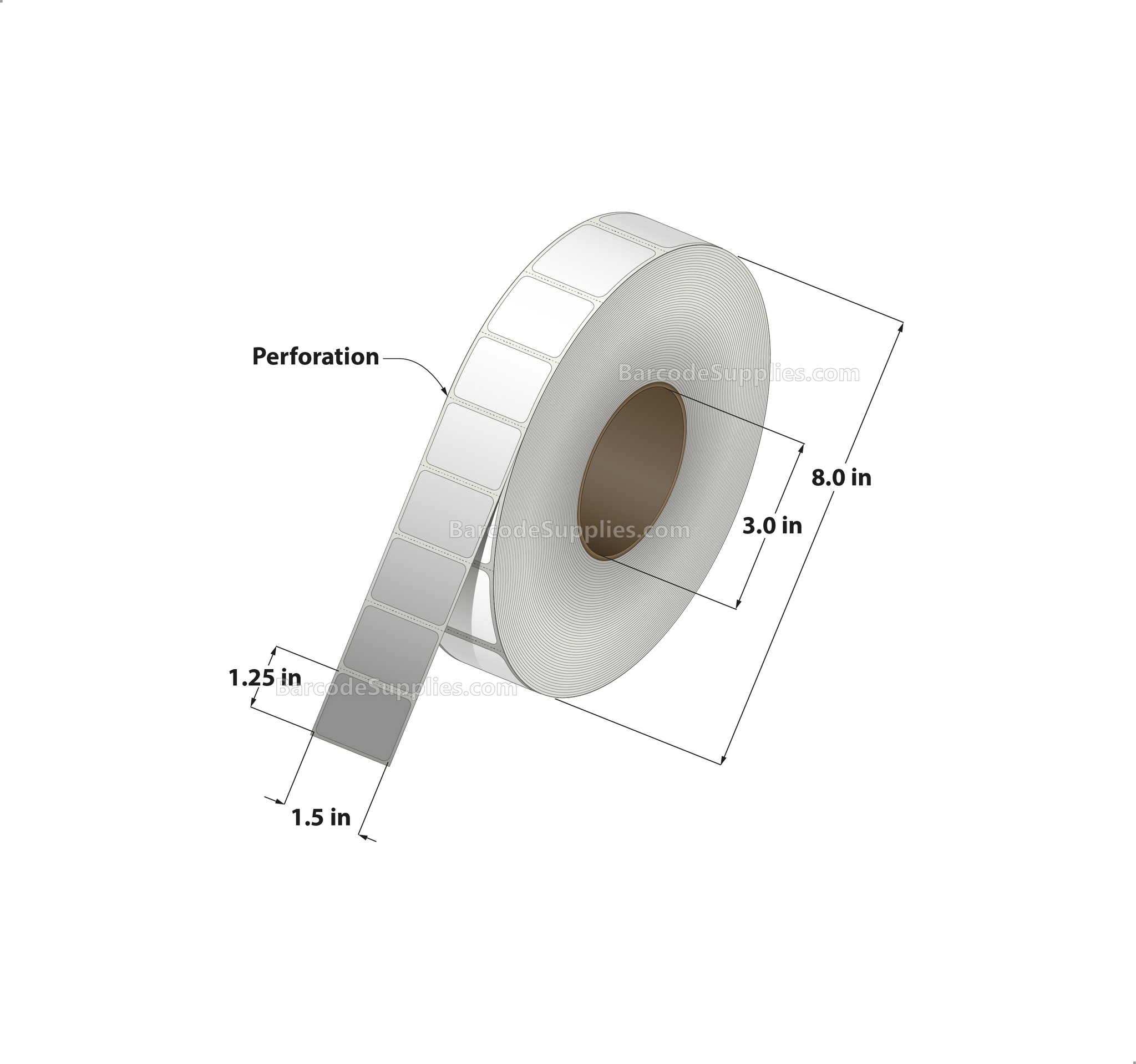 1.5 x 1.25 Direct Thermal White Labels With Acrylic Adhesive - Perforated - 4450 Labels Per Roll - Carton Of 8 Rolls - 35600 Labels Total - MPN: RD-15-125-4450-3 - BarcodeSource, Inc.