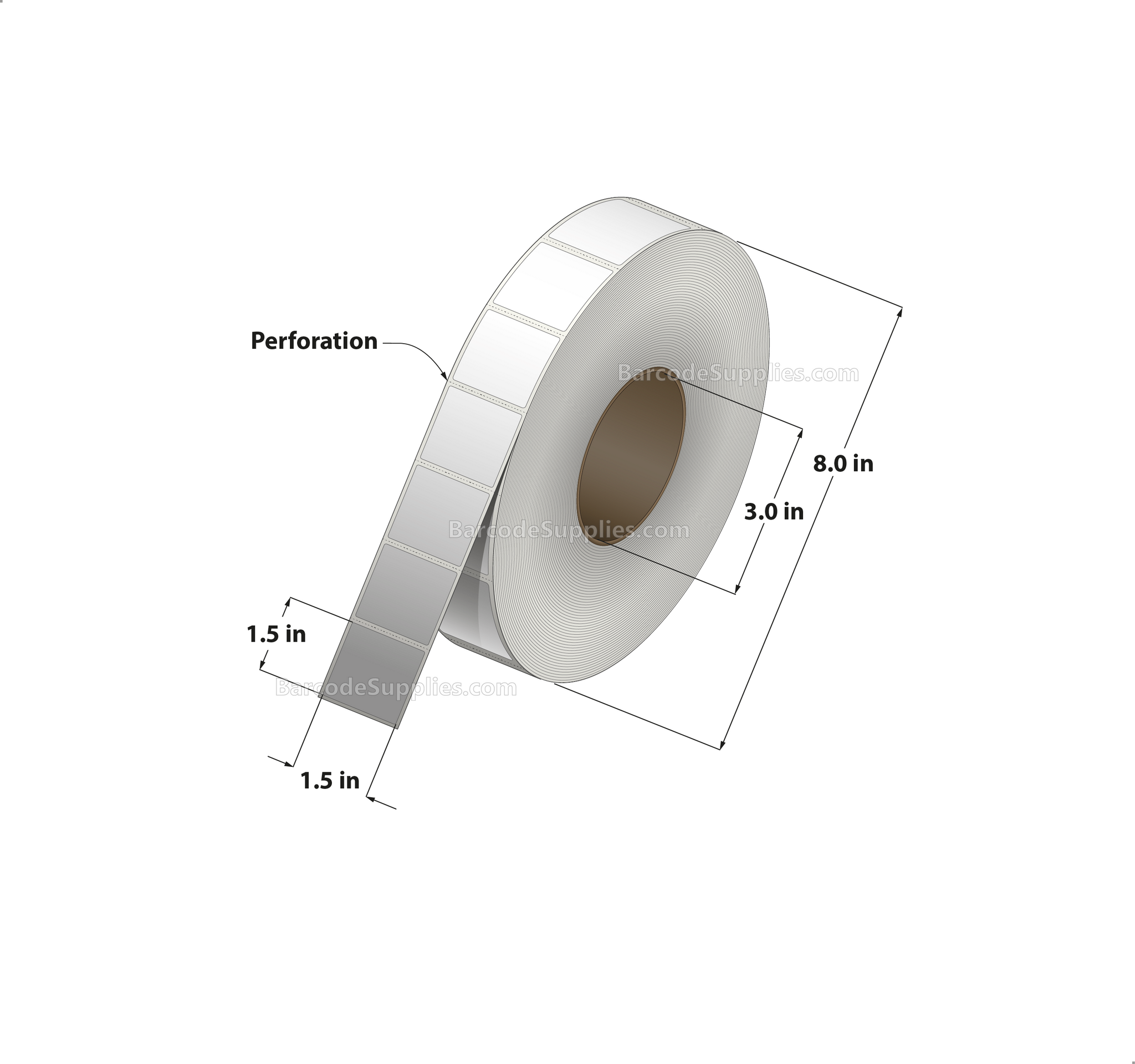 1.5 x 1.5 Direct Thermal White Labels With Acrylic Adhesive - Perforated - 3600 Labels Per Roll - Carton Of 8 Rolls - 28800 Labels Total - MPN: RD-15-15-3600-3 - BarcodeSource, Inc.