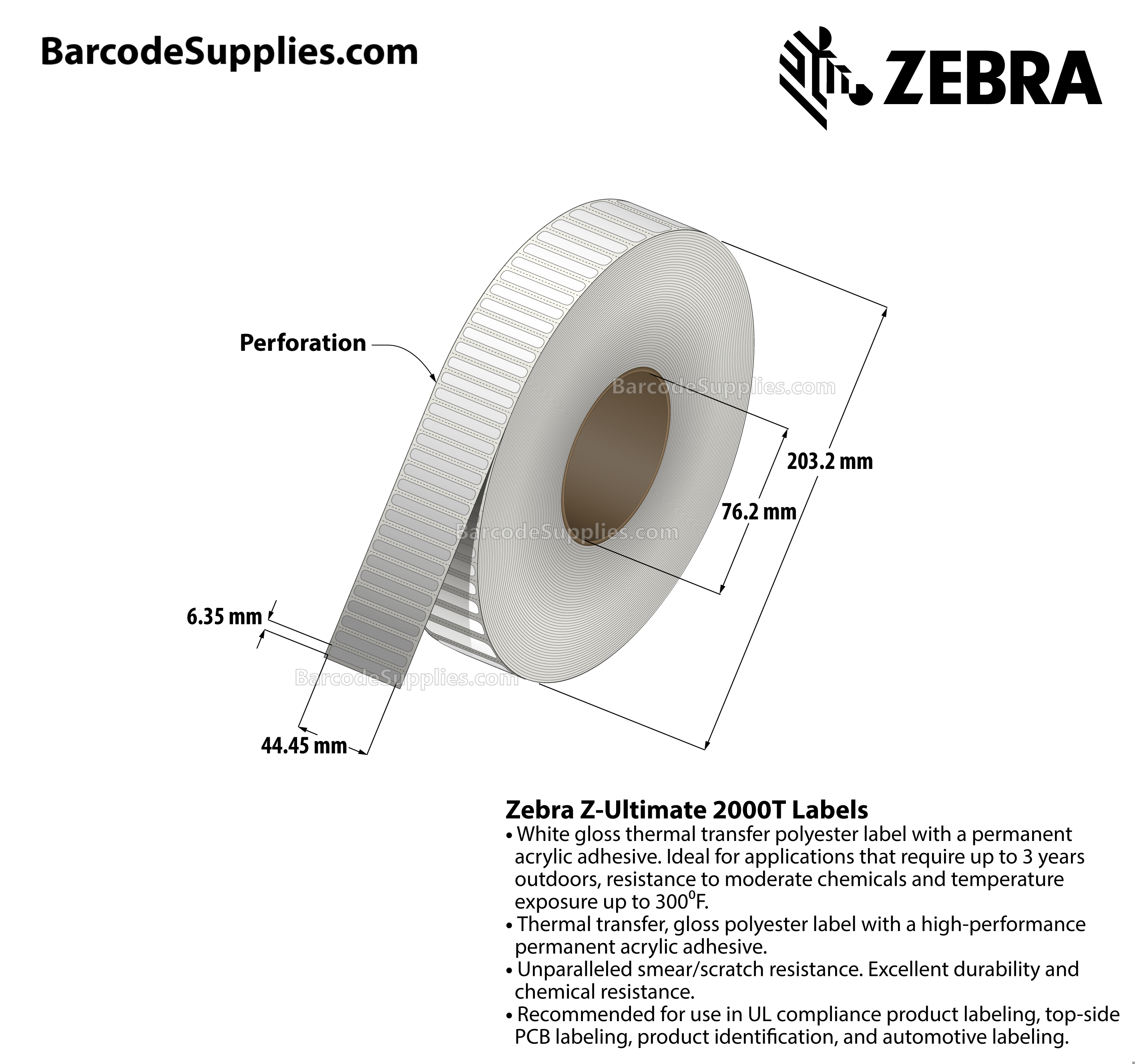 1.75 x 0.25 Thermal Transfer White Z-Ultimate 2000T Labels With Permanent Adhesive - Perforated - 16456 Labels Per Roll - Carton Of 4 Rolls - 65824 Labels Total - MPN: 10011982