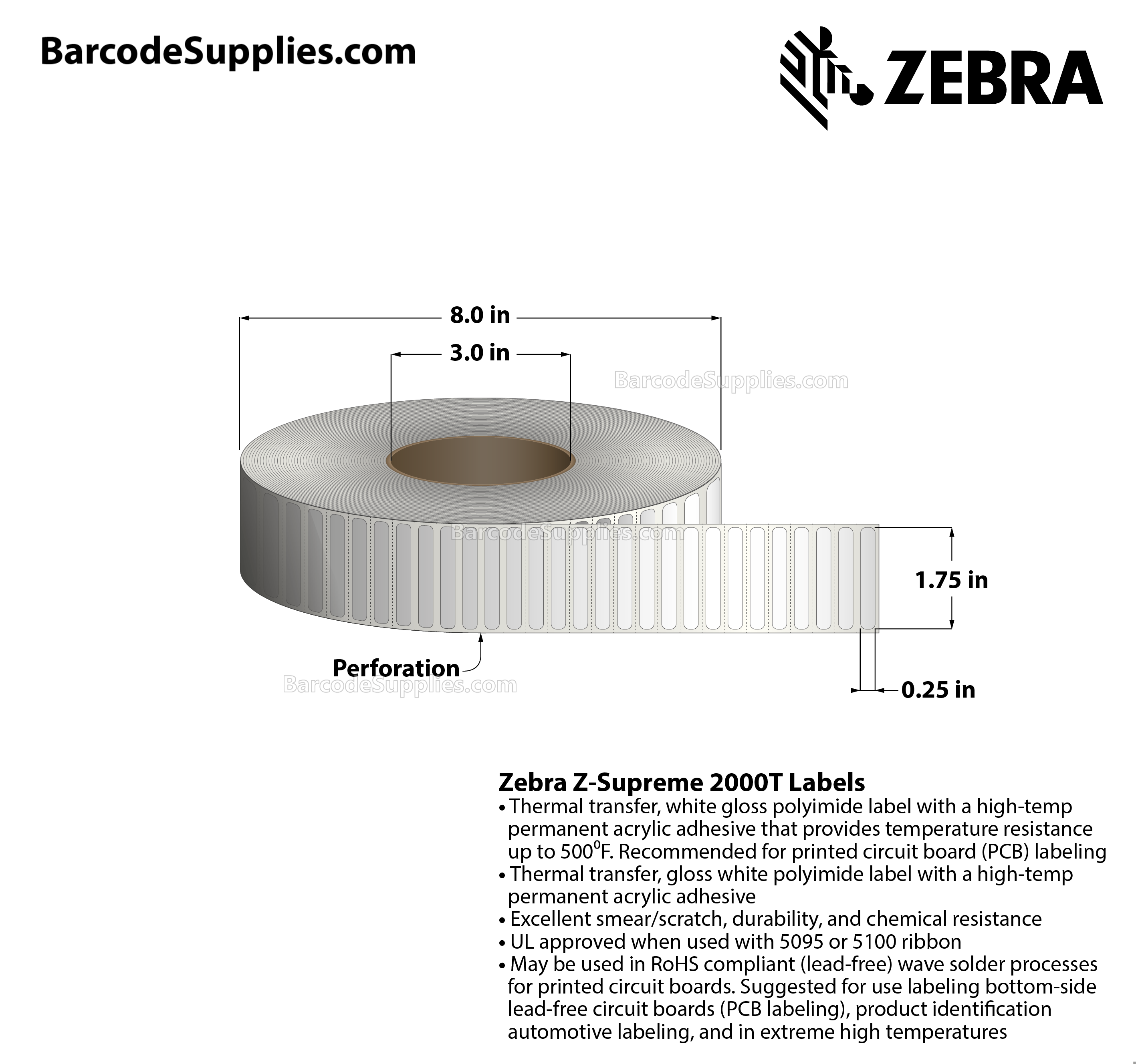 1.75 x 0.25 Thermal Transfer White Z-Supreme 2000T Labels With High-temp Adhesive - Perforated - 10000 Labels Per Roll - Carton Of 1 Rolls - 10000 Labels Total - MPN: 10023211