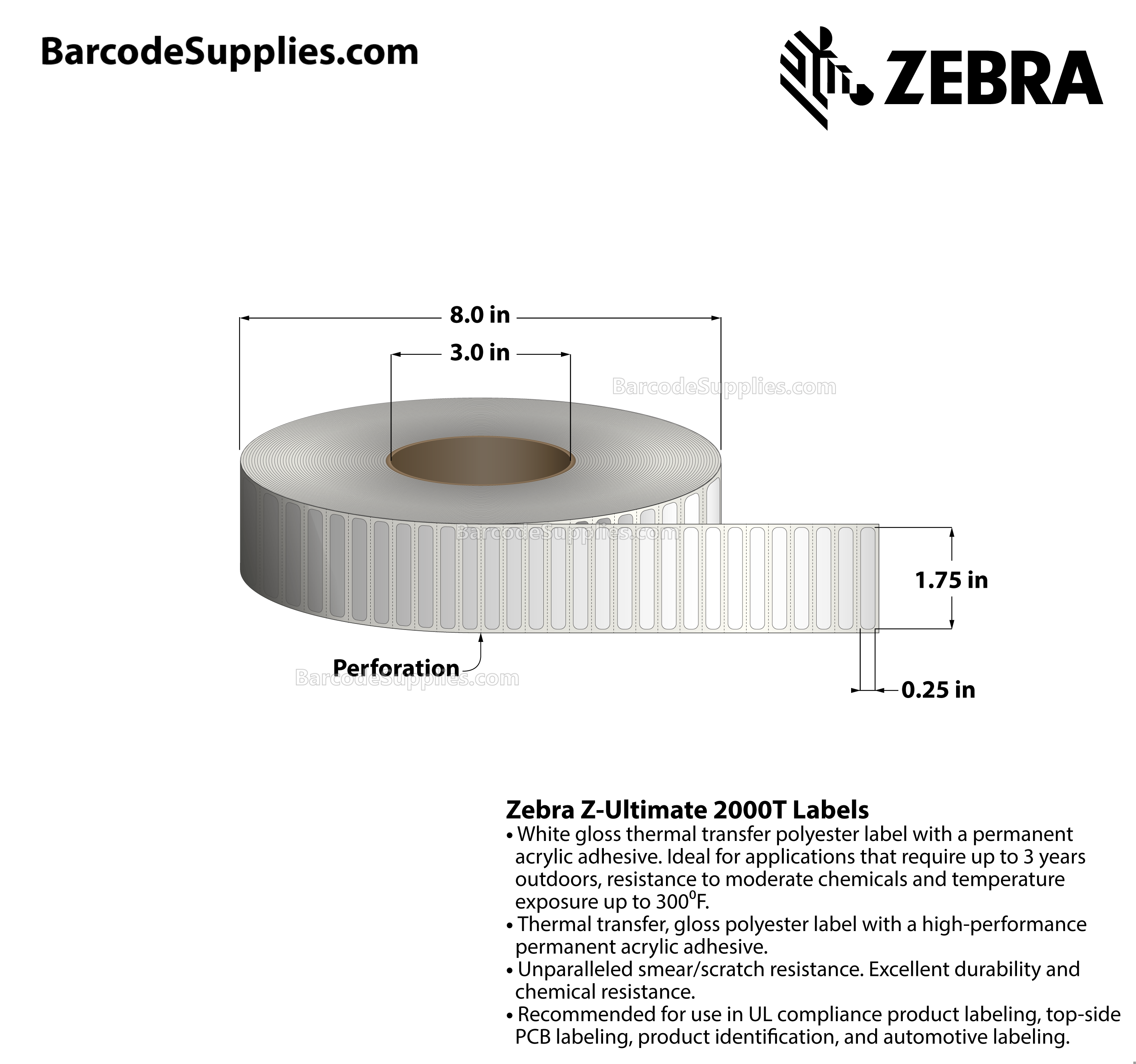 1.75 x 0.25 Thermal Transfer White Z-Ultimate 2000T Labels With Permanent Adhesive - Perforated - 16456 Labels Per Roll - Carton Of 4 Rolls - 65824 Labels Total - MPN: 10011982