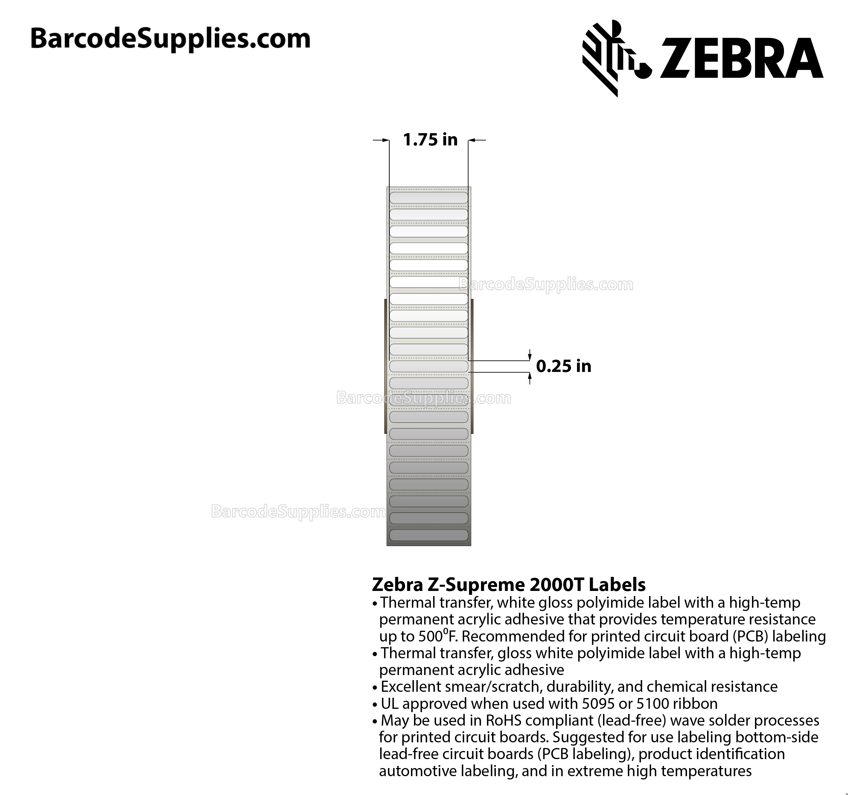 1.75 x 0.25 Thermal Transfer White Z-Supreme 2000T Labels With High-temp Adhesive - Perforated - 10000 Labels Per Roll - Carton Of 1 Rolls - 10000 Labels Total - MPN: 10023211