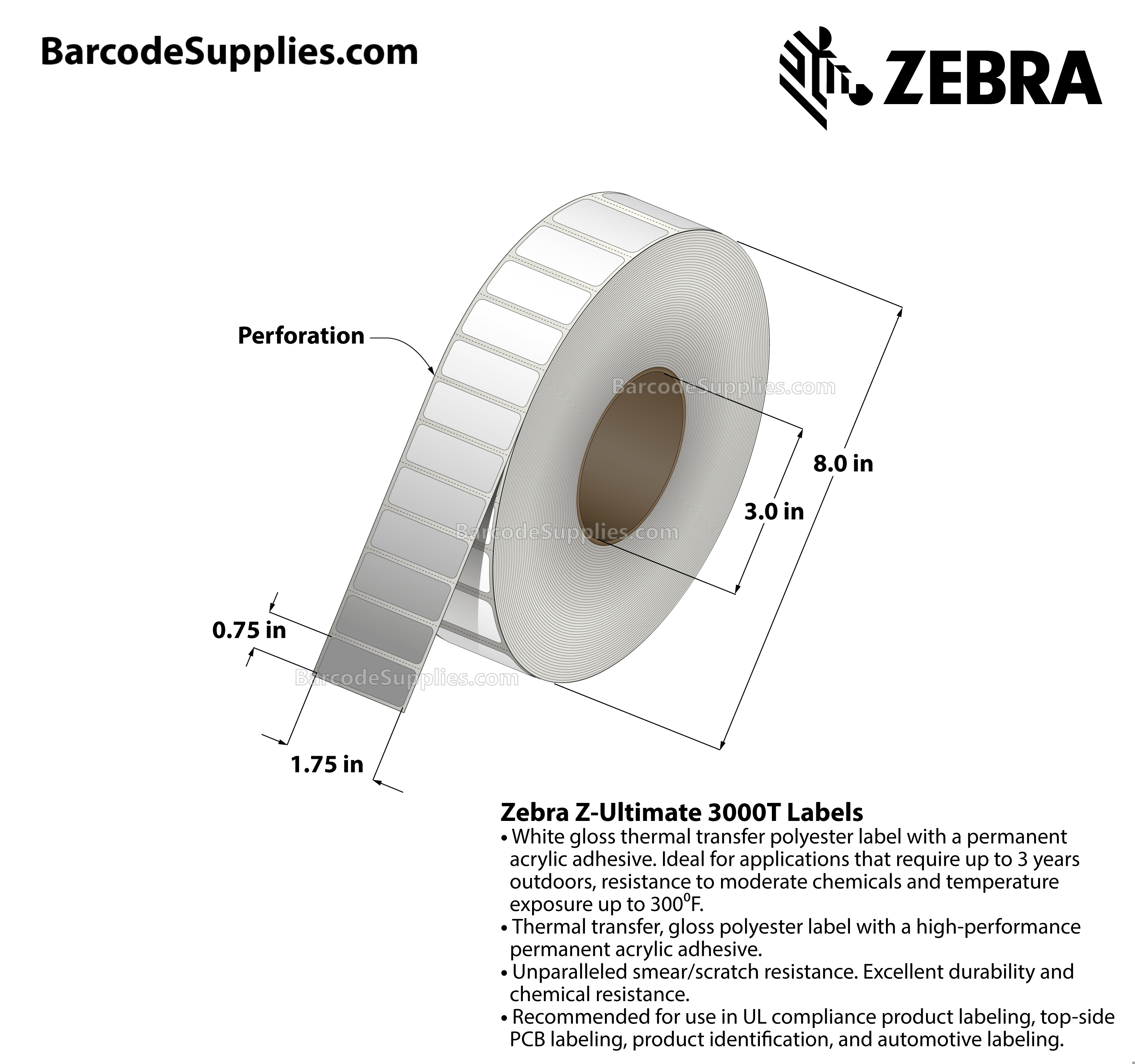 1.75 x 0.75 Thermal Transfer White Z-Ultimate 3000T Labels With Permanent Adhesive - Perforated - 7160 Labels Per Roll - Carton Of 4 Rolls - 28640 Labels Total - MPN: 10011694