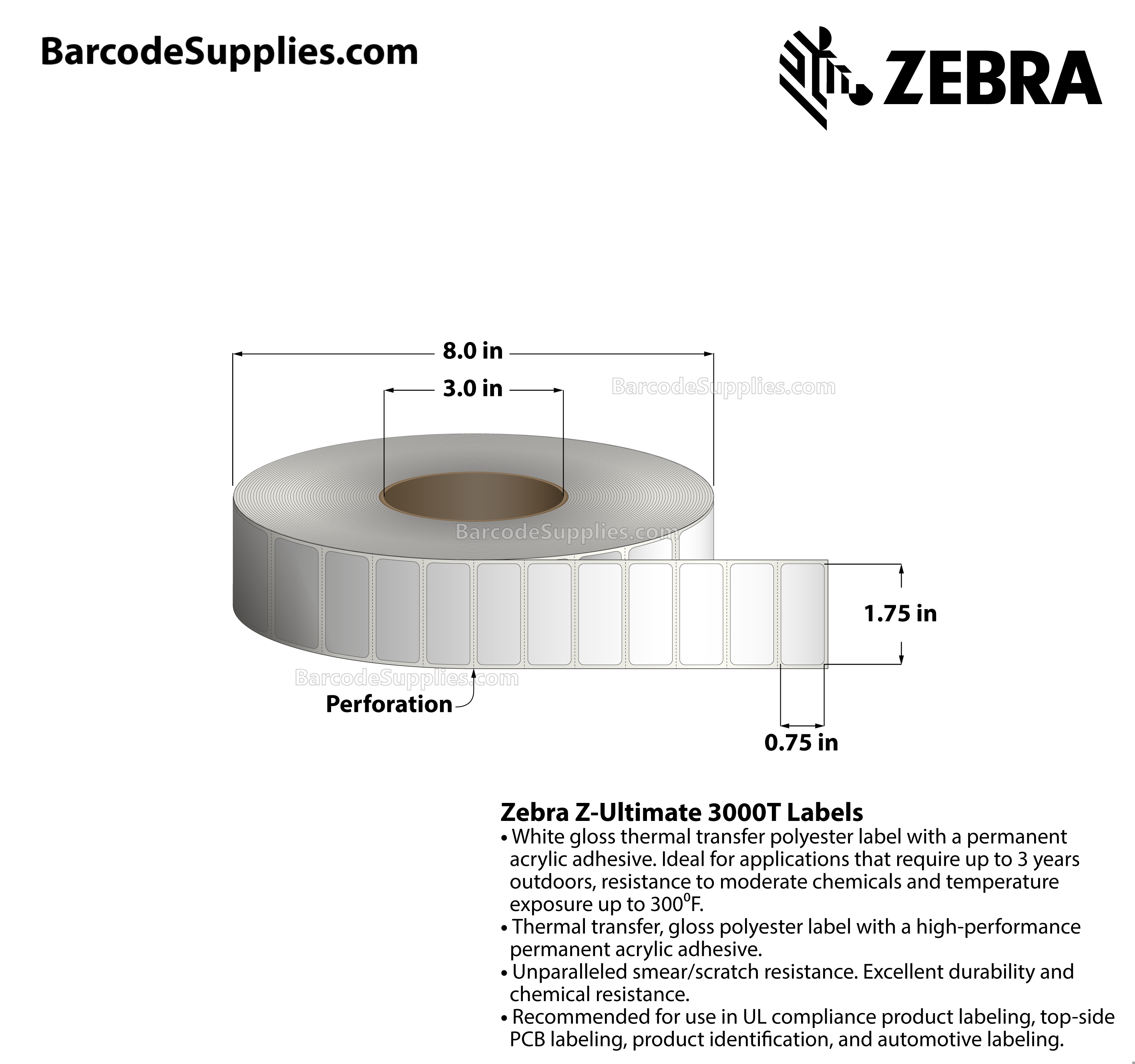 1.75 x 0.75 Thermal Transfer White Z-Ultimate 3000T Labels With Permanent Adhesive - Perforated - 7160 Labels Per Roll - Carton Of 4 Rolls - 28640 Labels Total - MPN: 10011694