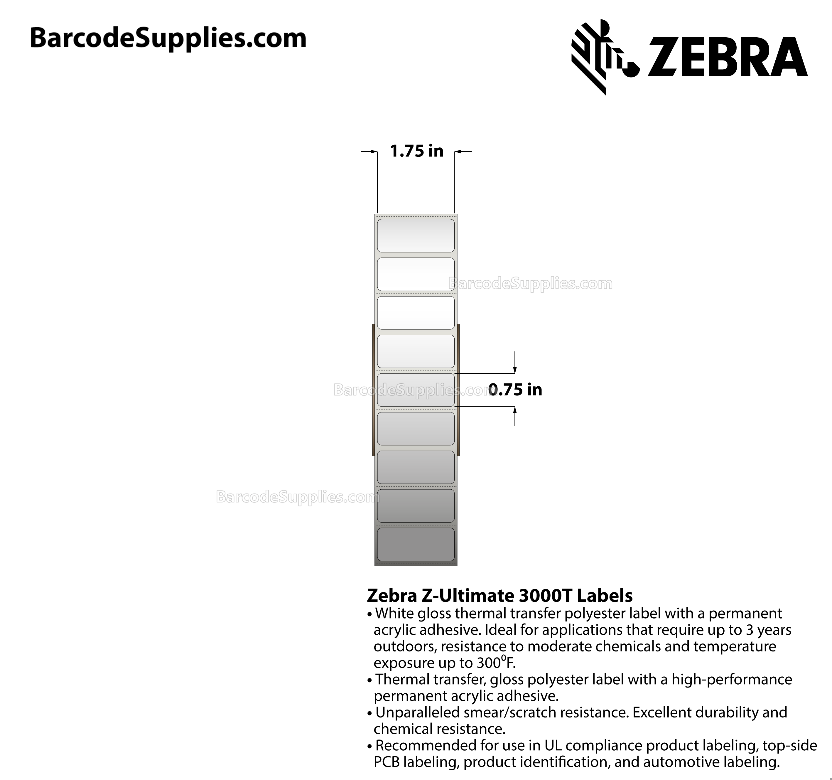 1.75 x 0.75 Thermal Transfer White Z-Ultimate 3000T Labels With Permanent Adhesive - Perforated - 7160 Labels Per Roll - Carton Of 4 Rolls - 28640 Labels Total - MPN: 10011694